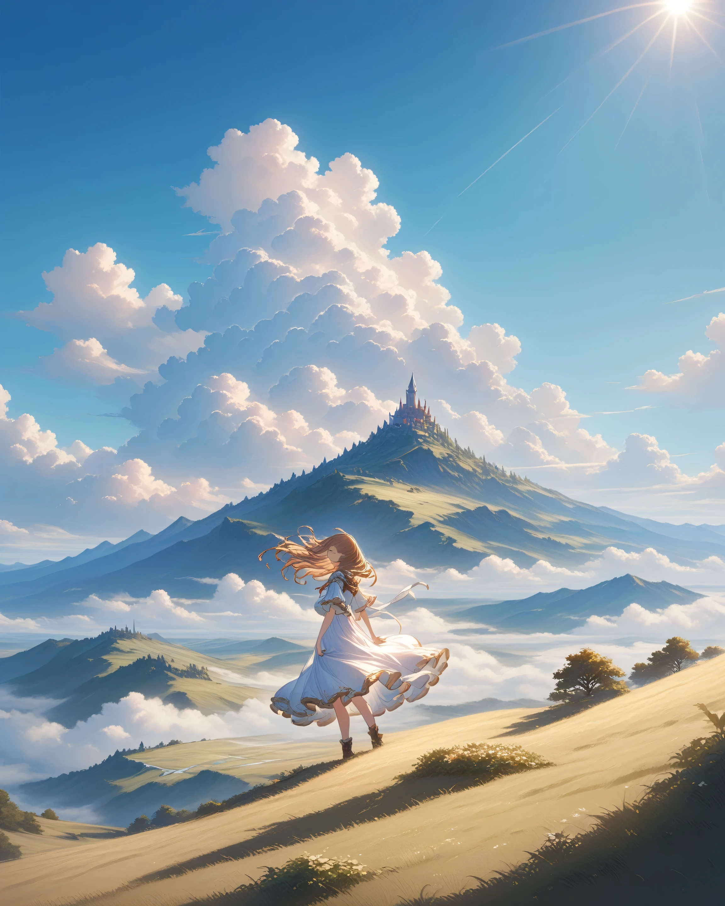 (masterpiece:1.3), best quality, anime style, {{character}} \(granblue fantasy\)
a girl with a gentle smile standing on a hilltop under a clear blue sky,
wide scenic view and endless horizon, soft wind through hair and flowing dress,
bright sunlight, cinematic wide angle to emphasize scale and openness,
hopeful and inspiring atmosphere, high detail on face and hands,
natural skin tones, soft rim light, airy color grading