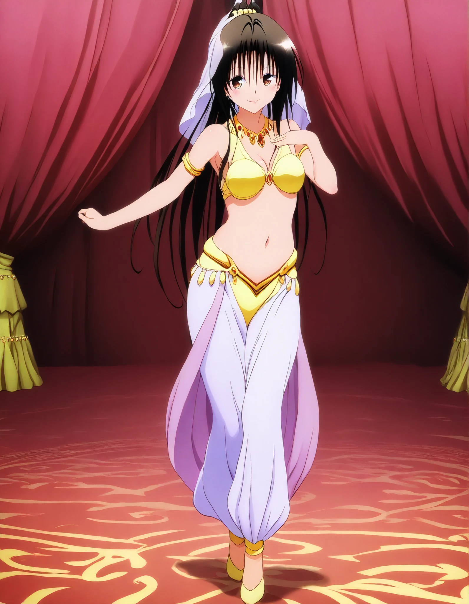 (1girl:1 . 5) , (Seul:1 . 5) , score_9 , score_8_haut , score_7_haut , source_anime , Official work , ultra-detailed , masterpiece , best quality , high resolution , beaux yeux , detailed eyes , Detailed face , beautiful detailed eyes, long hair, black hair, brown eyes, ponytail ,To Love Ru,Rin Kujou,Arabian Clothes , Arabian Dancer ,belly dancer costume,belly dancer outfit ,full body,golden jewelery,armlet, belly dancing,arabian garden,seductive smile, dancing with veil, dynamic movement,dance posture, seductive pose