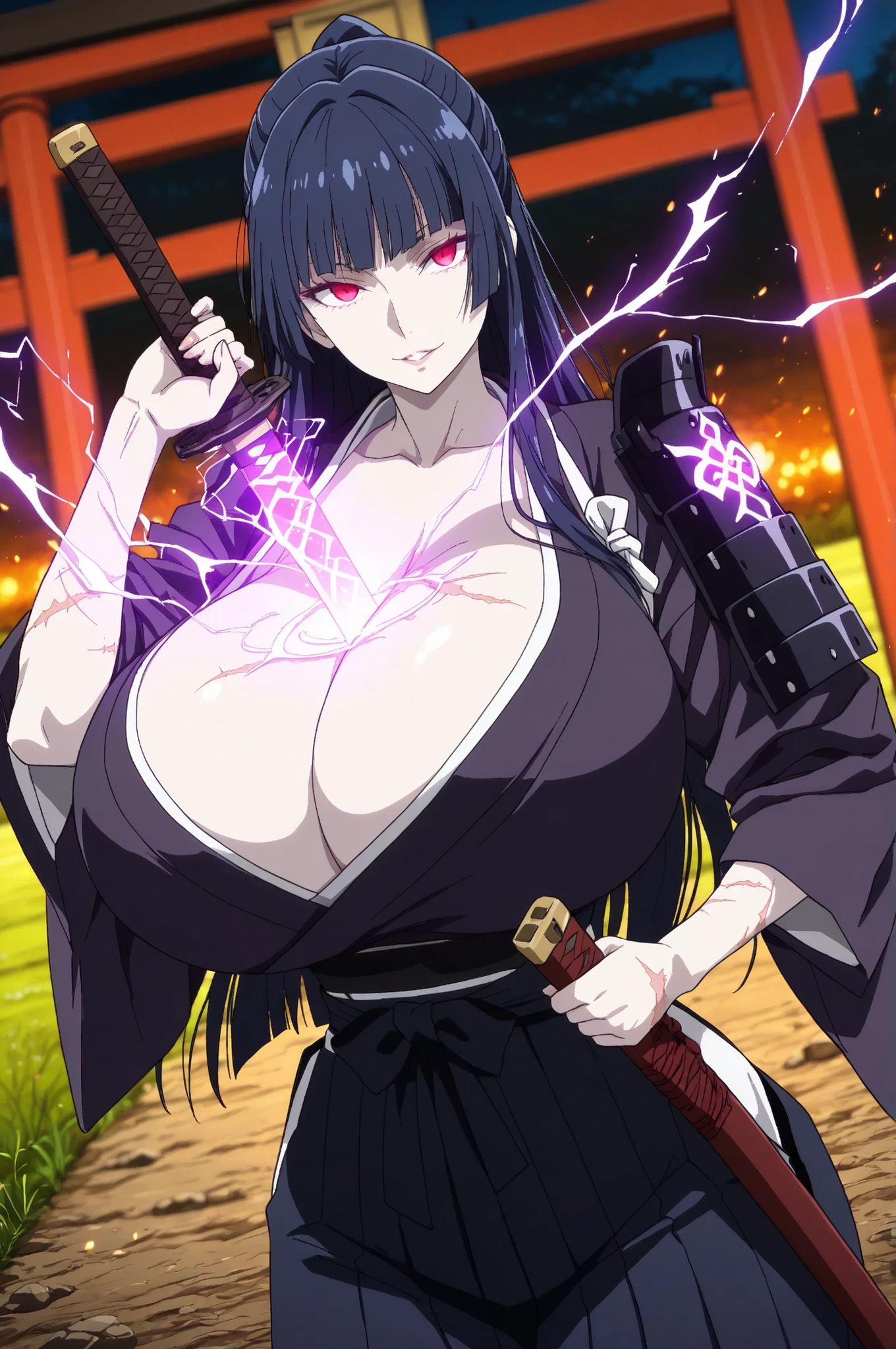 ‎‎‎‎‎‎‎‎‎‎‎‎‎‎‎‎‎‎‎‎(ultra-high-definition display, cinematic lighting setup, hyper-detailed textures, studio-quality sharpness, large size, crisp details, ray tracing, more details, masterpiece, best quality, ultra-detailed, 8k, hyper-detailed skin, D4rkL1nes, Dark_Niji_Style), (mature female), (dark blue long hair, hime cut), (red eyes), (mature beautiful face, highly detailed eyes, expressive gaze), (seductive look, intense gaze, confident expression), (pale skin, scars, curvy, narrow waist, gigantic breasts), (blurred background, dark fantasy, field, torii gate, embers), (dynamic angle, visual effects, kimono, hakama, samurai armor, holding katana, sideview, dark magic, ceremonial attire, electricity, glowing runes on armor)