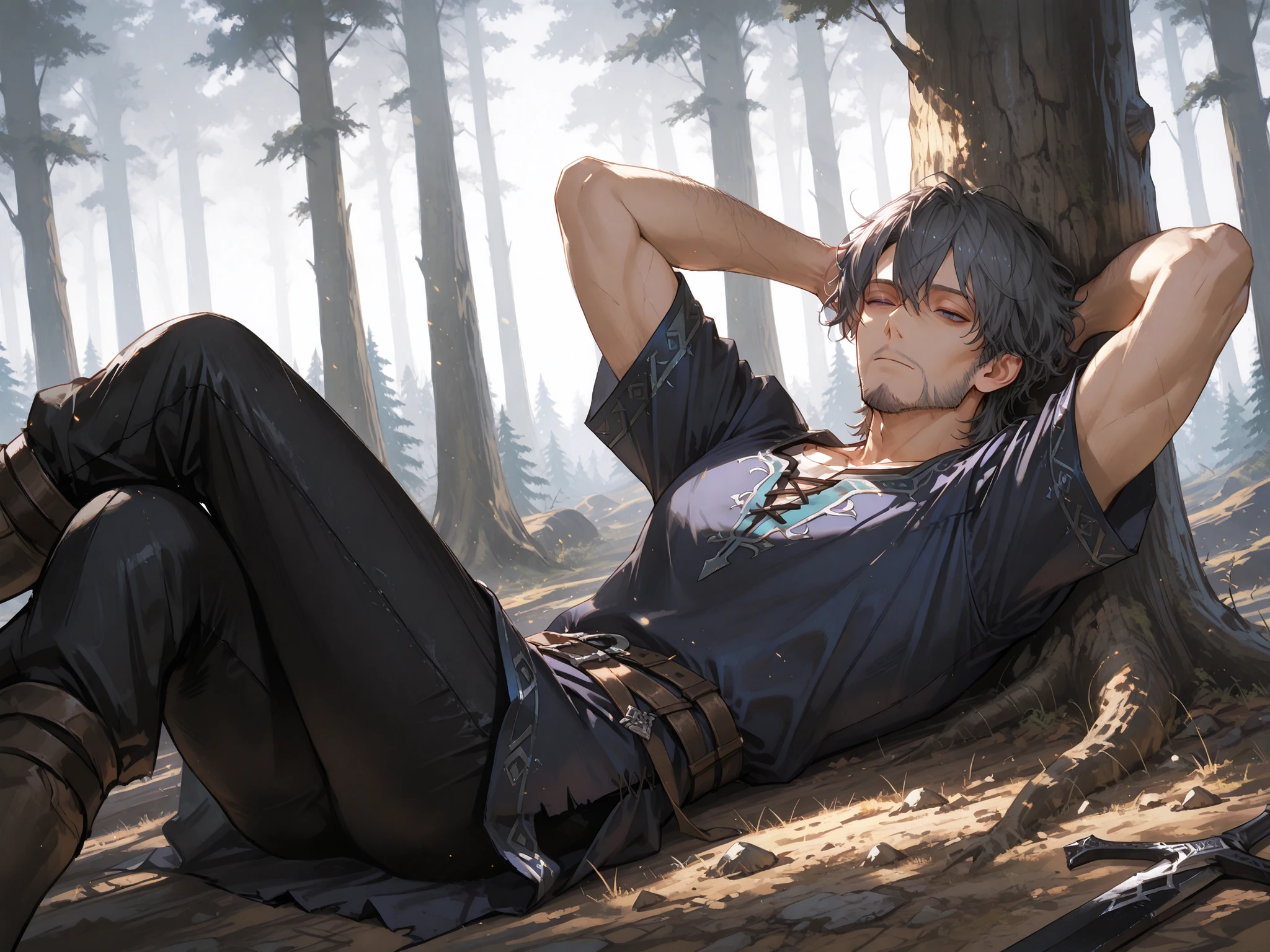 masterpiece, absurdres, high detail, enchanting eyes, solo, male, mature male, 25 years old, dark gray hair, short hair, messy hair, dark blue eyes, sharp eyes, no beard, tunic, dark blue tunic, (black throusers), black pants, forest, dropped on the floor, laying head on tree, crossed legs, hands behind head, careless expression, closed eyes, side angle