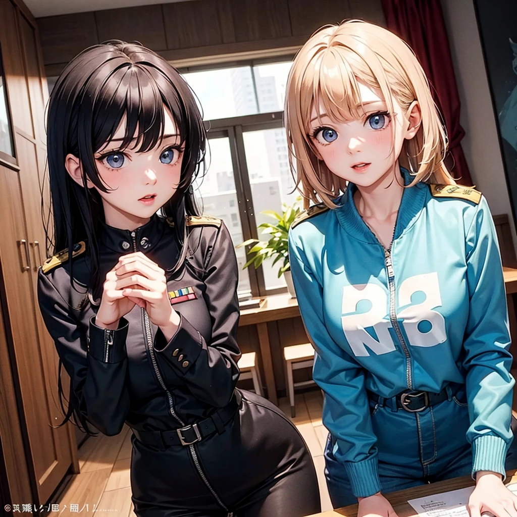 long hair, blue hair, yellow eyes, (twintails:1.1) blue suit, skirt, shirt, , badge on the chest、
holding other hand phon