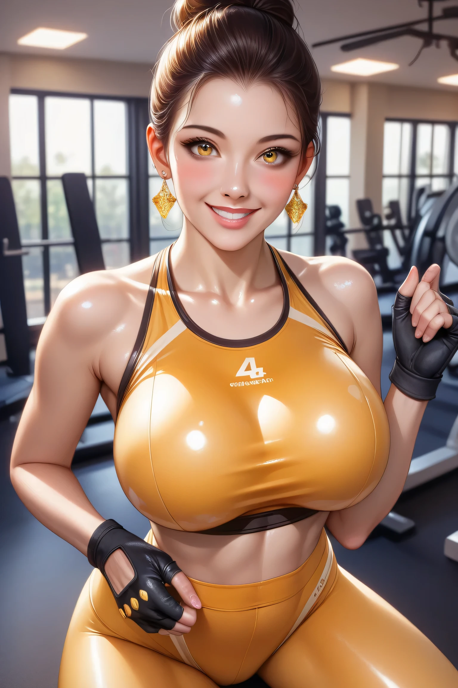 score_9, score_8_up , score_7_up , score_6_up ,Quality_masterpiece, Capricious things, unprecedented close-up of surprise and safety, beautiful faces, perfect face, 非常に詳細なbeautiful facesと目, detailed face, delicate facial features, detailed skin, (lip gloss for thighs, blush, Lashes, earrings, shiny skin, top Quality, ultra high res, natural shading), photorealistic portrait wearing a pink nano suit, Spectacular lighting , Smile Yan, stare at the viewers, (( workout at the gym wearing a nano suit)), (beautiful hair), BREAK solo focus, ((I'm wearing a yellow nano suit, fingerless gloves, Big , Round )), ((skin dentition, thighs, nymph tight sports leggings: 1.4)), smooth and beautiful skin