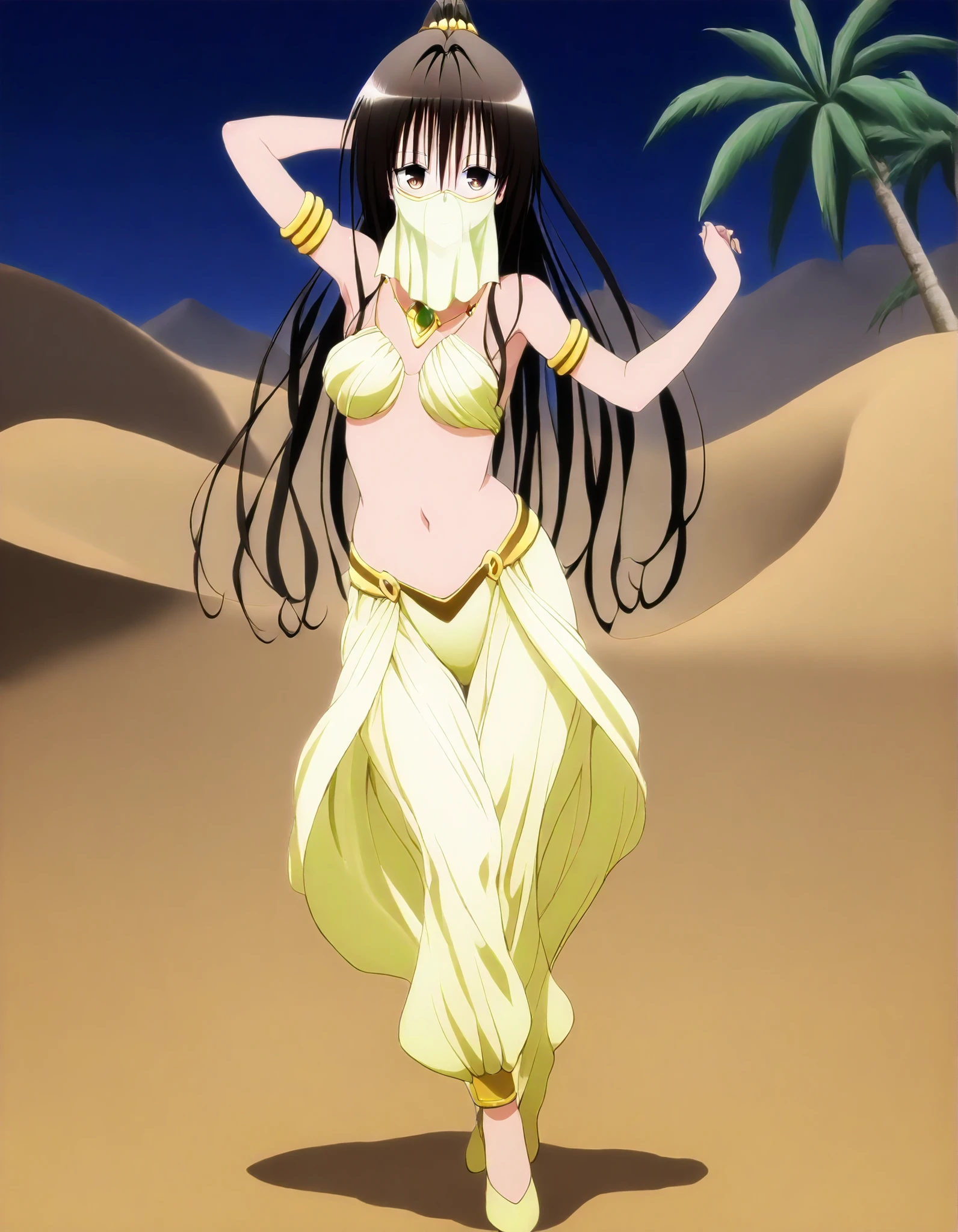 (1girl:1 . 5) , (Seul:1 . 5) , score_9 , score_8_haut , score_7_haut , source_anime , Official work  , ultra-detailed , masterpiece , best quality , high resolution , beaux yeux , detailed eyes , Detailed face , beautiful detailed eyes, long hair, black hair, brown eyes, ponytail ,To Love Ru,Rin Kujou,Arabian Clothes , Arabian Dancer ,belly dancer costume,belly dancer outfit ,full body,golden jewelery,mouth veil,armlet, belly dancing,night,desert lands,palm tree,seductive smile, dancing with veil, dynamic movement,dance posture, seductive pose