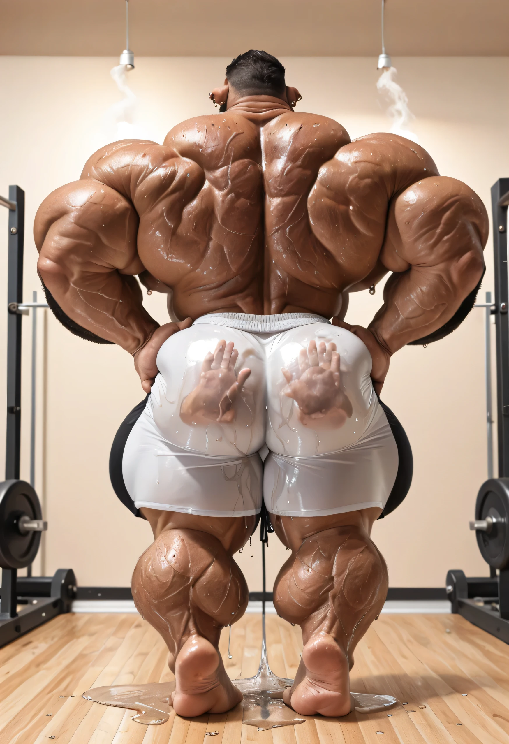 (((by 00b00b43, by morph))), (((Huge Male muscular Human Dark Vietnamese Man))), (((Solo:2))), (((Position(he is facing away, showing his back, both hands are on his hip, standing)))) (((looking at you, extreme low-angle shot))), (((4k, perfect colors, perfect shadows, perfect lighting, clear facial features, BREAK Photorealistic, full body photo, Perfectly correct anatomy, realistic, very Awa, masterpiece, best quality, absurdres, perfect quality, detailed background, intricate details))), (((Photorealistic Inside a Gym))), (((Huge Veiny muscular Body, muscular, Huge muscular bodybuilder body, manly, Bara, kemono, hyper muscular, Huge muscular bulging muscles, Huge muscular bulging ABS, Huge muscular bulging pecs, Huge muscular bubble, Huge muscular thighs, Huge muscular calves, Huge muscular Thick Neck, Huge muscular Shoulders))), (((Photorealistic Human Vietnamese Skin:1.5, Photorealistic Human Bara Vietnamese head, Photorealistic Human Bara Vietnamese Face, Photorealistic Adult Chiseled muscular Human Bara Vietnamese Man, Photorealistic Human Vietnamese Eyes:1.5, Photorealistic Human Perfect Teeth:1.5))), (((Photorealistic Black Short Hair:1.5, Photorealistic Black Short Beard:1.5, Photorealistic Very Hairy Body:1.5, sexy look:1.5, perfect male figure))), (((Nipple Piercings, ear piercings, rings))), (((Photorealistic human hands, human flesh tone hand palms, large hands, plantigrade feet, human feet, huge feet, Soles, human flesh tone footpads, finger nails, 5 fingers:1.5, 5 toes:1.5, toe nails, Vietnamese Flesh Tone puffy nipples, 10 feet tall:1.5))), (((wearing a wet tight transparent men athletic shorts:1.5))), (((Sweaty Body:1.5, body steam:1.5))),