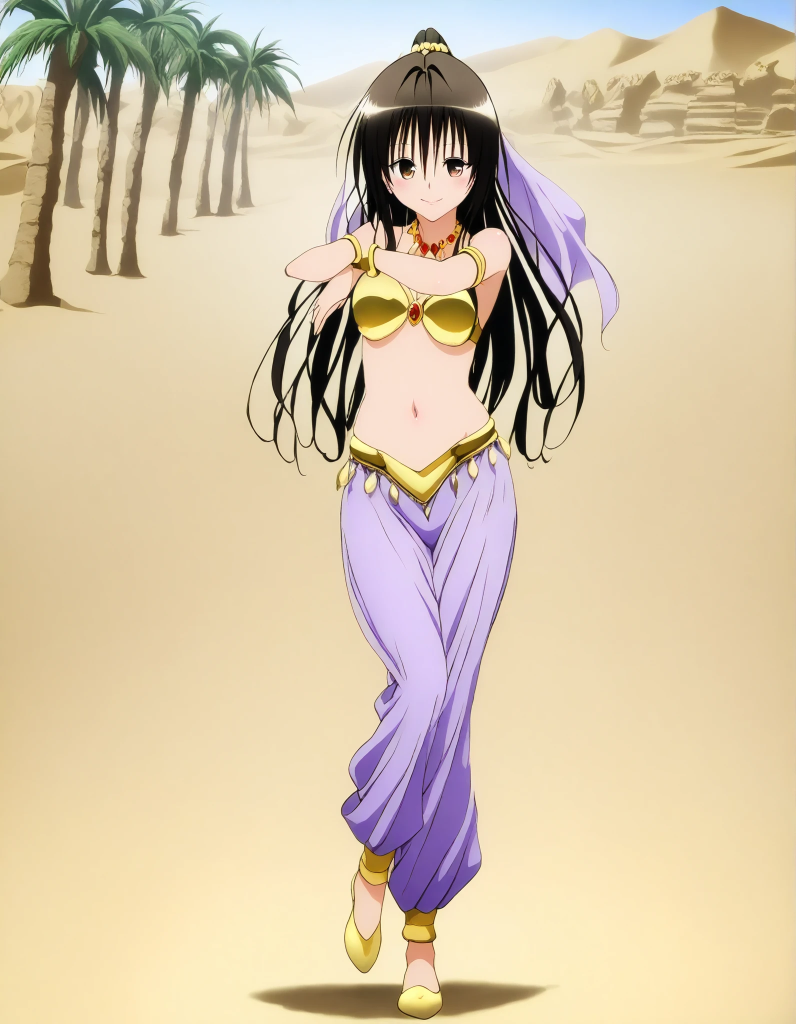 (1girl:1 . 5) , (Seul:1 . 5) , score_9 , score_8_haut , score_7_haut , source_anime , Official work  , ultra-detailed , masterpiece , best quality , high resolution , beaux yeux , detailed eyes , Detailed face , beautiful detailed eyes, long hair, black hair, brown eyes, ponytail ,To Love Ru,Rin Kujou,Arabian Clothes , Arabian Dancer ,belly dancer costume,belly dancer outfit ,full body,golden jewelery,armlet, belly dancing,desert lands,palm tree,seductive smile, dancing with veil, dynamic movement,dance posture, seductive pose