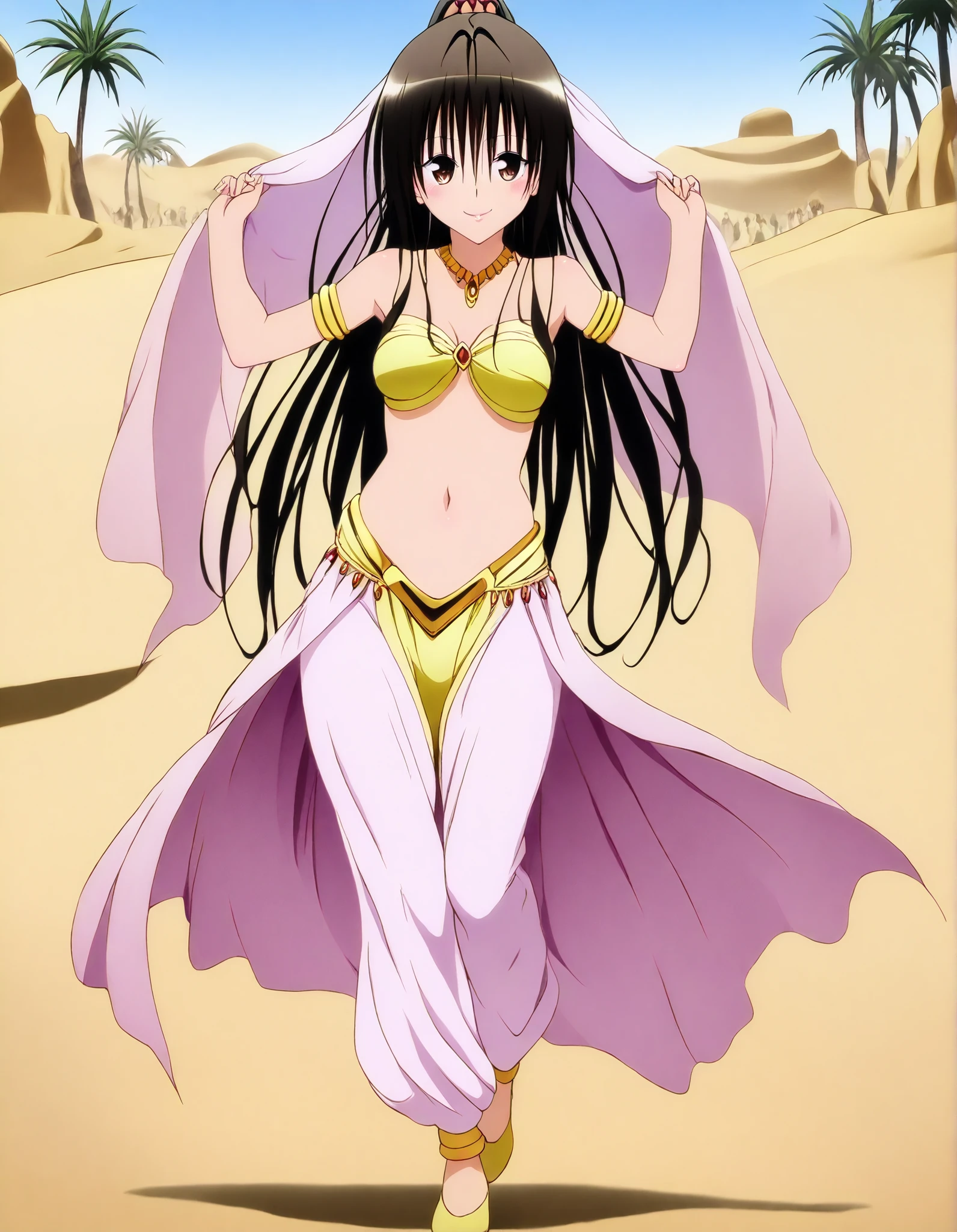 (1girl:1 . 5) , (Seul:1 . 5) , score_9 , score_8_haut , score_7_haut , source_anime , Official work  , ultra-detailed , masterpiece , best quality , high resolution , beaux yeux , detailed eyes , Detailed face , beautiful detailed eyes, long hair, black hair, brown eyes, ponytail ,To Love Ru,Rin Kujou,Arabian Clothes , Arabian Dancer ,belly dancer costume,belly dancer outfit ,full body,golden jewelery,armlet, belly dancing,desert lands,palm tree,seductive smile, dancing with veil, dynamic movement,dance posture, seductive pose