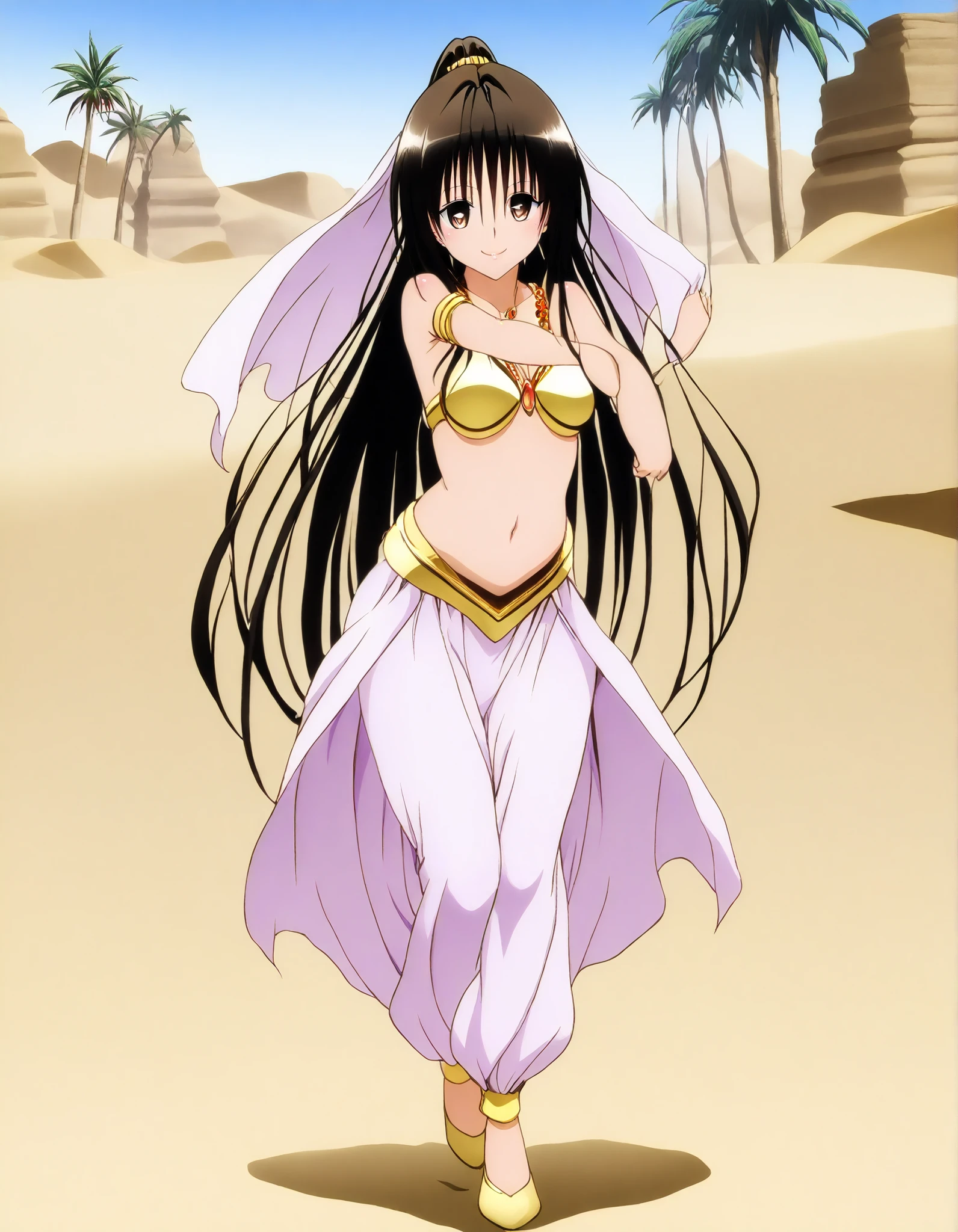 (1girl:1 . 5) , (Seul:1 . 5) , score_9 , score_8_haut , score_7_haut , source_anime , Official work  , ultra-detailed , masterpiece , best quality , high resolution , beaux yeux , detailed eyes , Detailed face , beautiful detailed eyes, long hair, black hair, brown eyes, ponytail ,To Love Ru,Rin Kujou,Arabian Clothes , Arabian Dancer ,belly dancer costume,belly dancer outfit ,full body,golden jewelery,armlet, belly dancing,desert lands,palm tree,seductive smile, dancing with veil, dynamic movement,dance posture, seductive pose