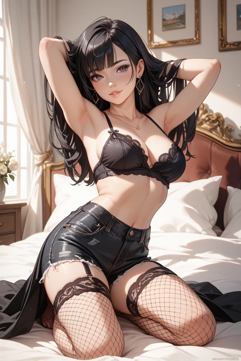 beauty, Hidden Face, 1 girl, beauty: 1.3, Slim abdominal muscles: 1.1, camisole, long black hair, (Sitting on the bed), Ultra-fine face, Very detailed lips, Delicate eyes, Double eyelids, Octane Render