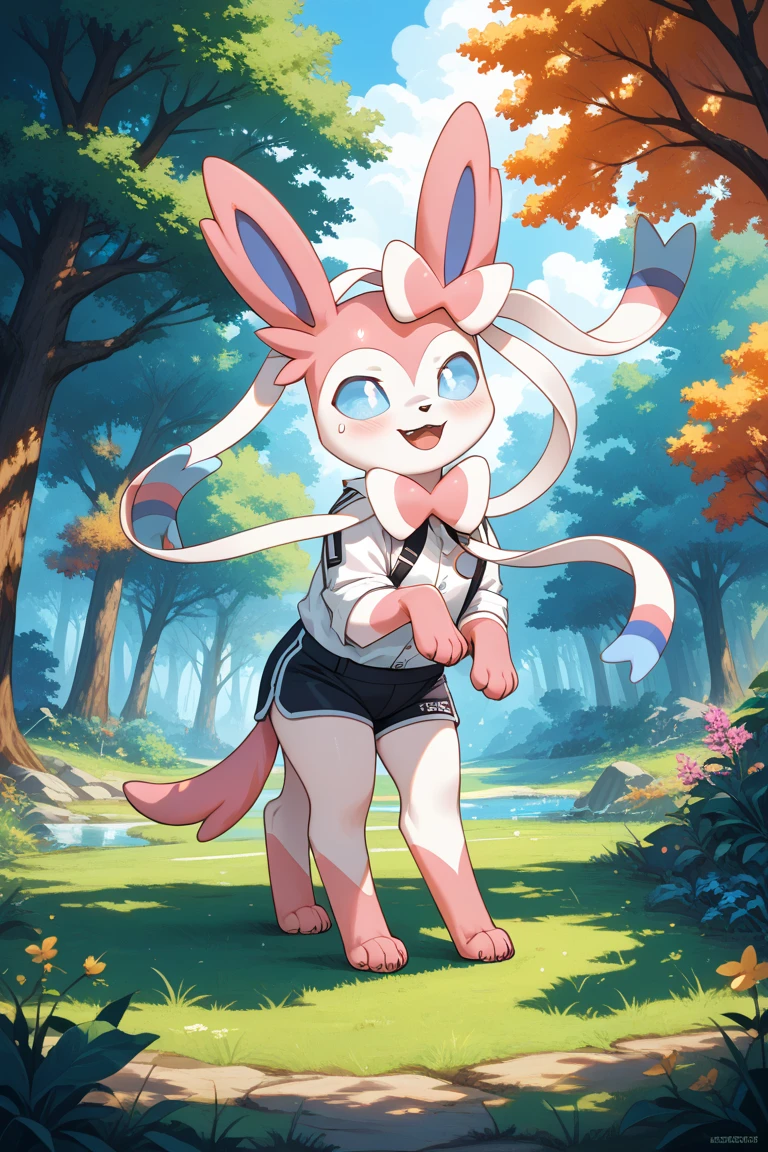 fog, Lopunny_ears, (white_pupils, black sclera), 1 girl, Counter shading, volumetric lighting, Necklace, (in a black T-shirt with a pattern), Casual wear, (cargo pants),  feet, white soles of feet, hands in pockets, Best quality, smile, trees, sidewalk, Leaning on the fence,, from Einshelm|Volume_fish stream