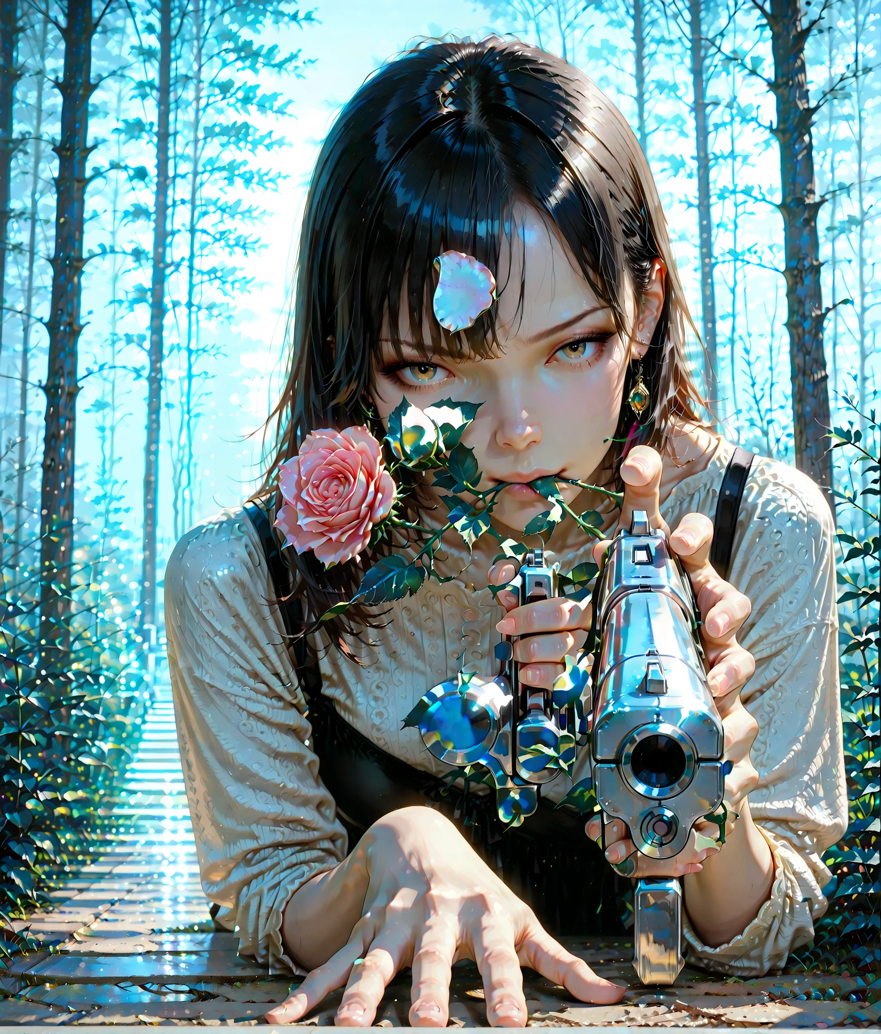 detailed anime-style woman,rose stem in mouth,holding shiny gun in an outstretched hand,another hand resting on the ground,detailed face,serious expression,dark forest with fog,warm lighting,photorealistic rendering,hdr,4k,Film effect,portrait