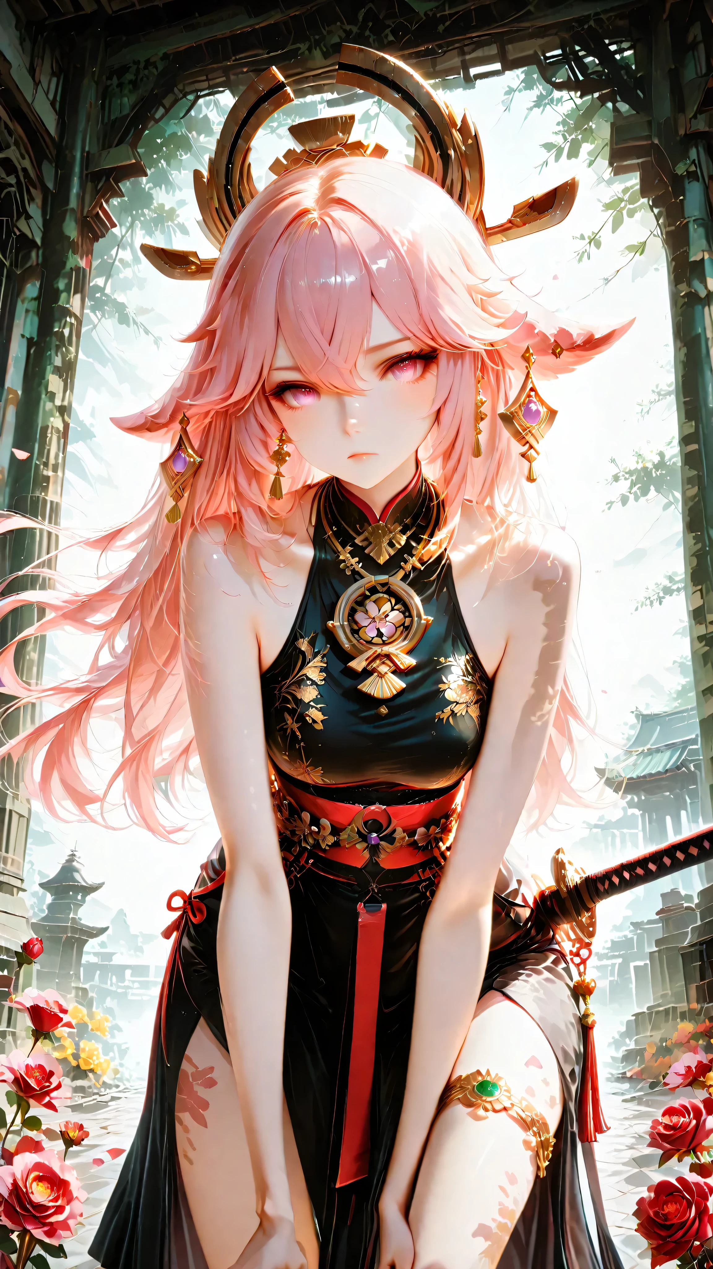 (masterpiece:1.3, highest quality:1.3, ultra detailed:1.3, fantasy anime, watercolor, semi-realism),  
bachong, Chut Thai Dress, Sabai Shawl over right Shoulder, Shawl hanging straight down, Left Shoulder ,  arms, Sinh Skirt, Ornate Gold Thai Belt, Gold Thai headpiece, Gold Bangles, Gold earrings, Gold Necklace, Traditional Thailand Clothing,  
high definition eyes, detailed eyes, high gradient eyes, eyesHD,  
dynamic full-body action pose of Yae Miko in traditional Thai dress with golden rose motifs,  
surrounded by blooming red roses swirling in motion blur,  
right hand gripping samurai sword halfway drawn from ,  
body leaning forward in low stance, camera angle from below with slight pan right,  
expression: serious, focused, eyes locked on target,  
hair flowing with wind, gold accessories catching ambient light,  
background: cyber-fantasy battlefield with glowing neon ruins and drifting petals,  
lighting: high contrast, vivid colors, soft rim light on skin and silk textures,  
atmosphere: intense, elegant, emotionally charged,  
style: Illustrius semi-realism anime  
Checkpoint: FlareDiffusion -  - v16 [SEMI REALISM/ANIME]  
aspect ratio: 9:16