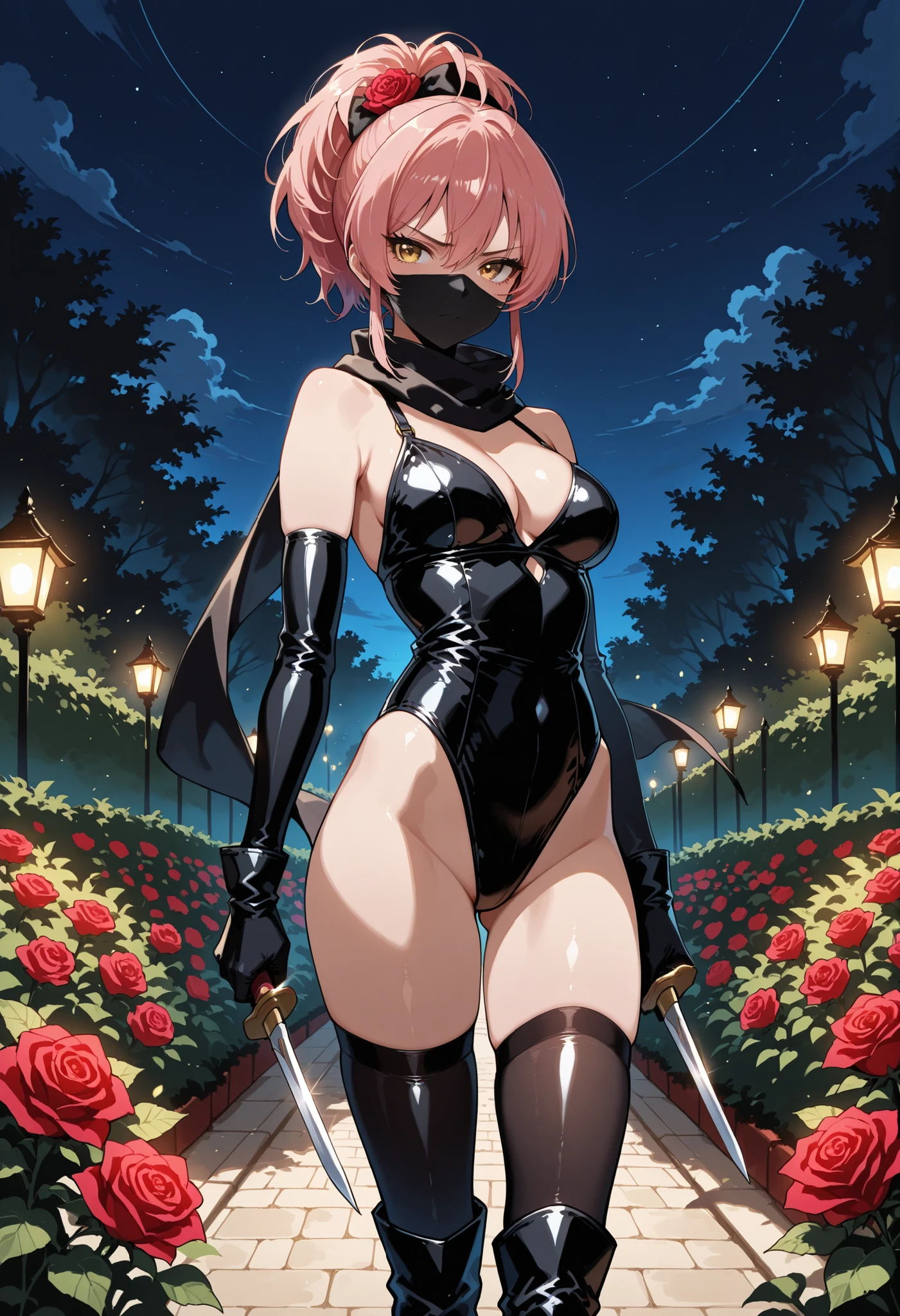 Score_9, score_8_up, score_7_up, source_anime, jougasaki mika, solo, ponytail, pink hair, yellow eyes, (best quality), (high quality), {masterpiece}, extremely delicate and beautiful, ultra-detailed, beautiful detailed eyes, ninja mask, black leotard, high collar, black elbow gloves, black thighhigh boots, black scarf, red rose hair ornament, rose garden, night, holding dagger, glaring, standing