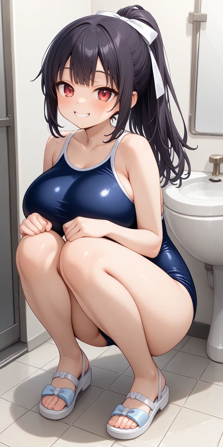 highest quality、High resolution、detailed background、8K、Beautiful and dense face、beautiful and smooth skin、skin texture、professional lighting、Beautiful teenage beautiful girl、two women、navy blue school swimsuit、brown hair、bob cut、braided ponytail、Each cute braided hairstyle、(????????????:1.2)、realistic images、perfect body line、thick thighs、show one's side、inside the toilet、
squat down、(Close-up angle from below while squatting down:1.2)、
(close-up ????????? from below), from below, Are standing, ???? focus、looking at me with cold eyes、blush、?????? expression、underboob、????? shot、????? shot、?????? big ???、Swimsuit that shines when wet、The whole body is wet、my hair is wet too、cute