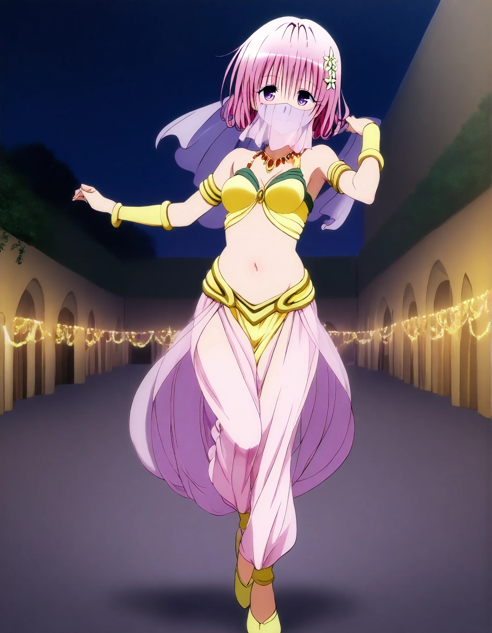 (1girl:1 . 5) , (Seul:1 . 5) , score_9 , score_8_haut , score_7_haut , source_anime , Official work , ultra-detailed , masterpiece , best quality , high resolution , beaux yeux , detailed eyes , Detailed face , beautiful detailed eyeshair flower, hair ornament, purple eyes, pink hair, short hair,To Love Ru,Momo Satalin Deviluke,Arabian Clothes , Arabian Dancer ,belly dancer costume,belly dancer outfit ,full body,golden jewelery,mouth veil,armlet, belly dancing,night,arabian garden,seductive smile, dancing with veil, dynamic movement,dance posture, seductive pose