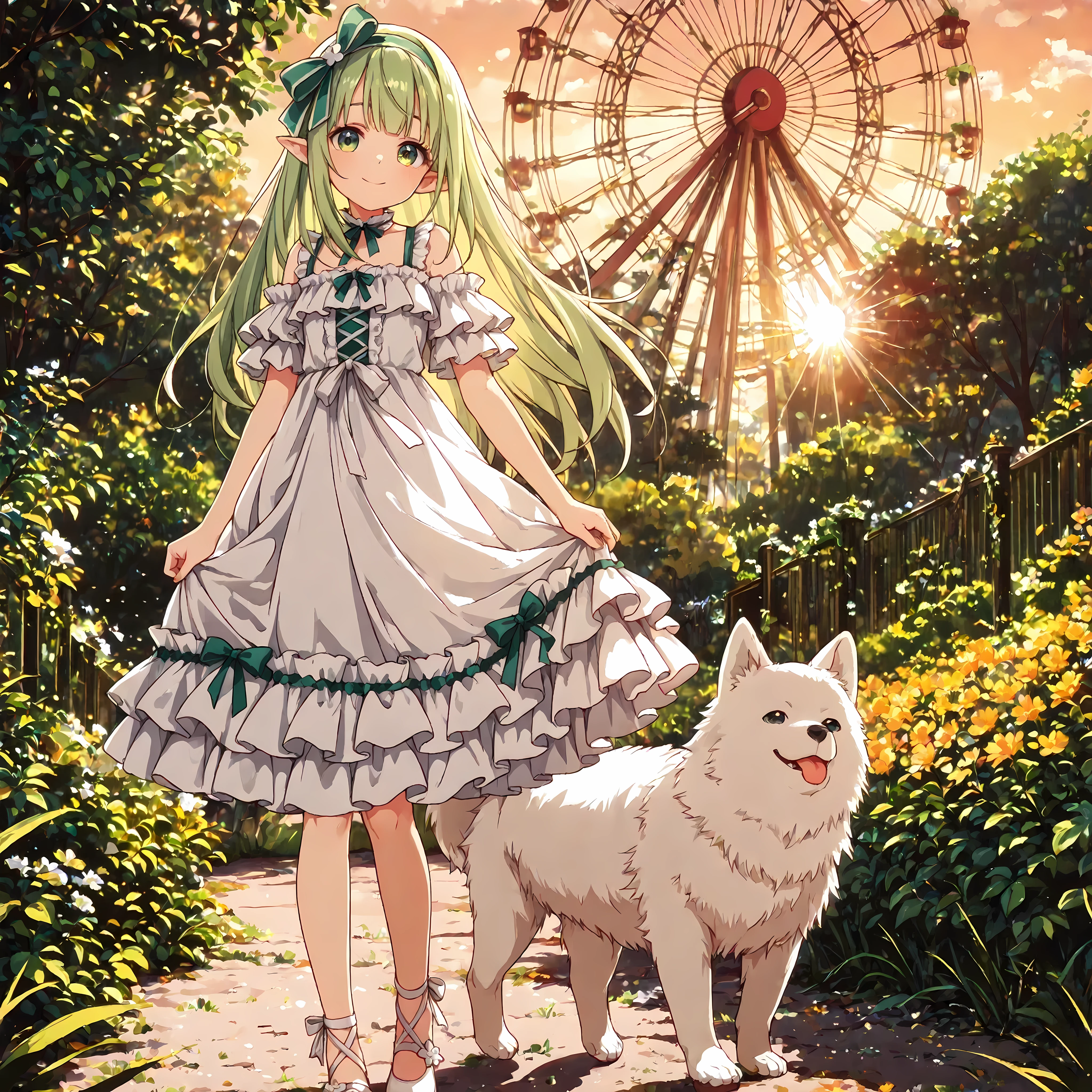 absurdres,very aesthetic,best quality,masterpiece,high definition eyes,detailed eyes,high gradient eyes,eyesHD,orphia-default,green eyes,green hair,long hair,hair bow,hairband, pointy ears, masterpiece, best quality, absurdres, very aesthetic, 1girl,elf girl with pointy ears, long flowing green hair, hair bow, hairband, beautiful detailed green eyes, high definition eyes, looking at viewer, gentle smile,
wearing an elegant white lolita dress with lace and frills,(full body shot), wearing a short,cheerful smile, walking a fluffy white samoyed dog ,in the park, a sun-drenched park,vibrant colors.
standing in the middle of an abandoned amusement park, overgrown with vines and wildflowers, a rusty ferris wheel in the background,
golden hour lighting, cinematic light, sun rays filtering through clouds, dust motes in the air, nostalgic and melancholic atmosphere, detailed background.