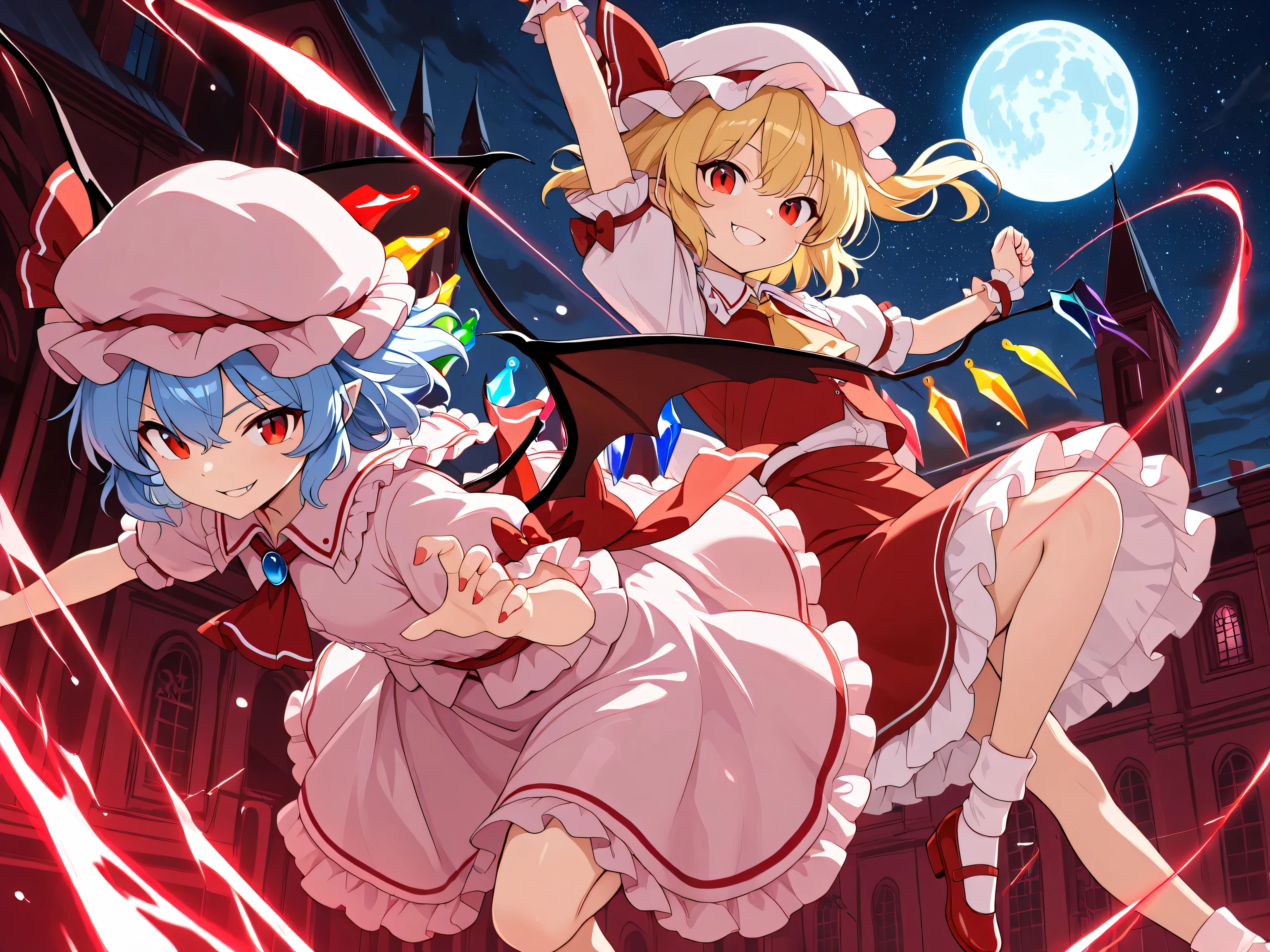 High Quality, masterpiece, ultra high res, Remilia Scarlet and Flandor Scarlet, sister, Red Devil Museum, Pretend like a barrage in the night sky, Red and Blue Magical Rays, Bat Wings, red eyes, Magic Rim, full moon, starry sky, fantastic atmosphere, dress, race, ribbon, Graceful Flying Poses , Smile Yan, happy expression, swinging a bat {x} Touhou Project, anime style