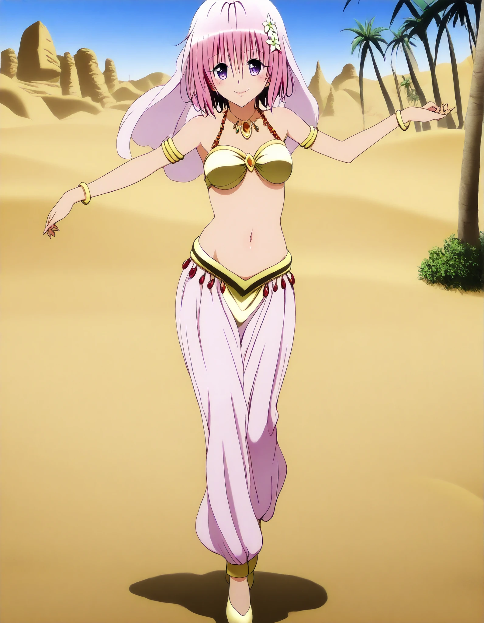 (1girl:1 . 5) , (Seul:1 . 5) , score_9 , score_8_haut , score_7_haut , source_anime , Official work  , ultra-detailed , masterpiece , best quality , high resolution , beaux yeux , detailed eyes , Detailed face , beautiful detailed eyeshair flower, hair ornament, purple eyes, pink hair, short hair,To Love Ru,Momo Satalin Deviluke,Arabian Clothes , Arabian Dancer ,belly dancer costume,belly dancer outfit ,full body,golden jewelery,armlet, belly dancing,desert lands,palm tree,seductive smile, dancing with veil, dynamic movement,dance posture, seductive pose