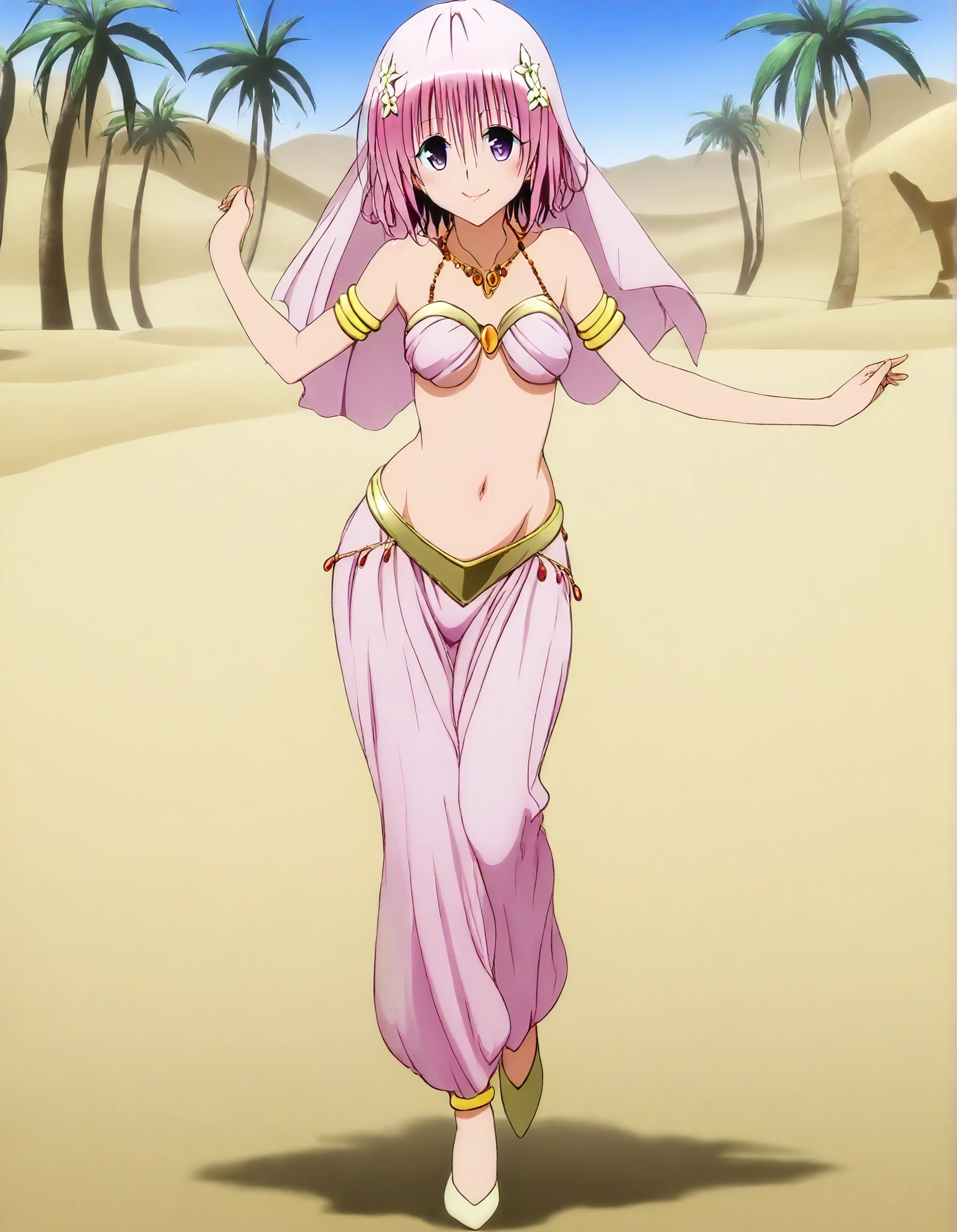 (1girl:1 . 5) , (Seul:1 . 5) , score_9 , score_8_haut , score_7_haut , source_anime , Official work  , ultra-detailed , masterpiece , best quality , high resolution , beaux yeux , detailed eyes , Detailed face , beautiful detailed eyeshair flower, hair ornament, purple eyes, pink hair, short hair,To Love Ru,Momo Satalin Deviluke,Arabian Clothes , Arabian Dancer ,belly dancer costume,belly dancer outfit ,full body,golden jewelery,armlet, belly dancing,desert lands,palm tree,seductive smile, dancing with veil, dynamic movement,dance posture, seductive pose