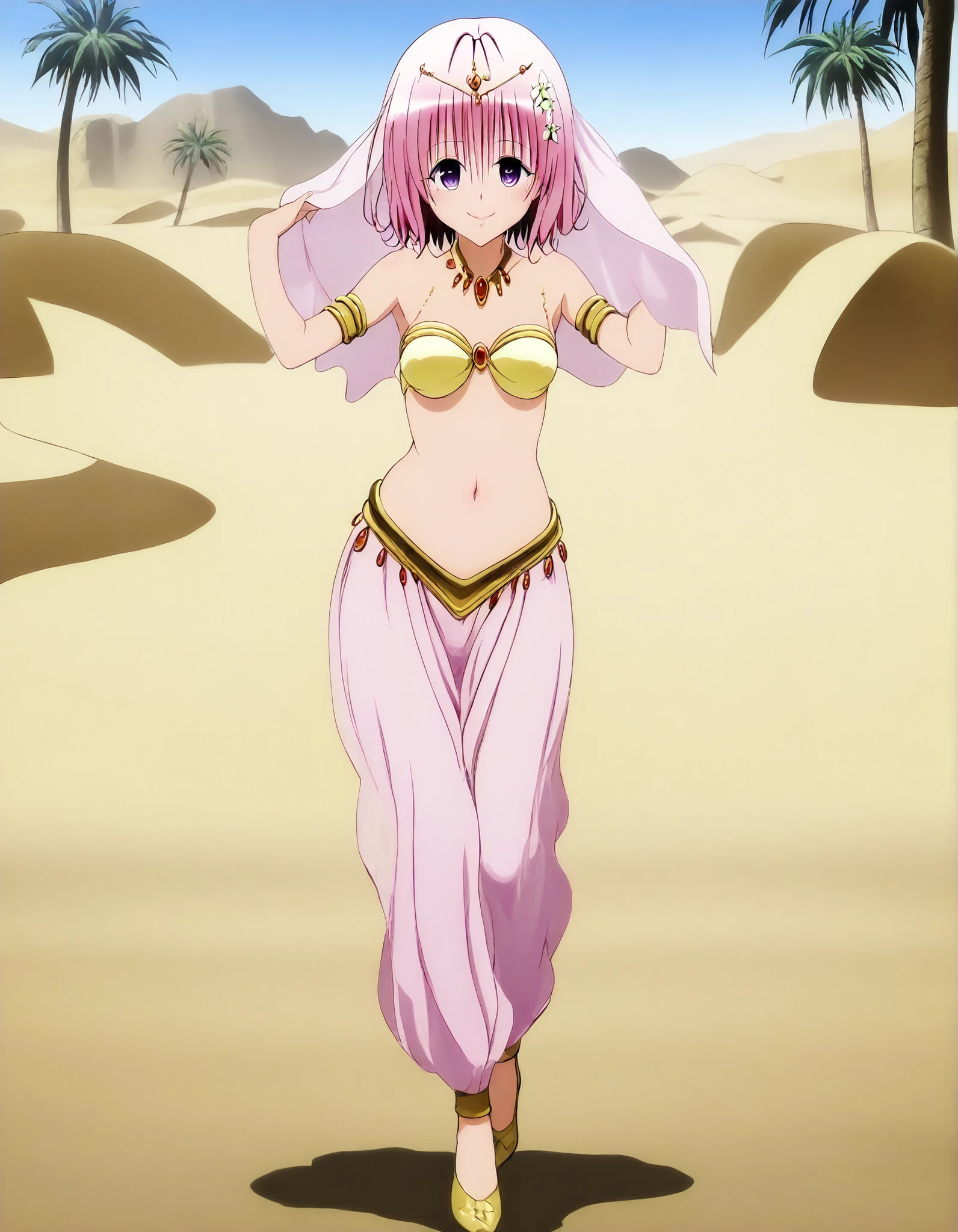 (1girl:1 . 5) , (Seul:1 . 5) , score_9 , score_8_haut , score_7_haut , source_anime , Official work  , ultra-detailed , masterpiece , best quality , high resolution , beaux yeux , detailed eyes , Detailed face , beautiful detailed eyeshair flower, hair ornament, purple eyes, pink hair, short hair,To Love Ru,Momo Satalin Deviluke,Arabian Clothes , Arabian Dancer ,belly dancer costume,belly dancer outfit ,full body,golden jewelery,armlet, belly dancing,desert lands,palm tree,seductive smile, dancing with veil, dynamic movement,dance posture, seductive pose