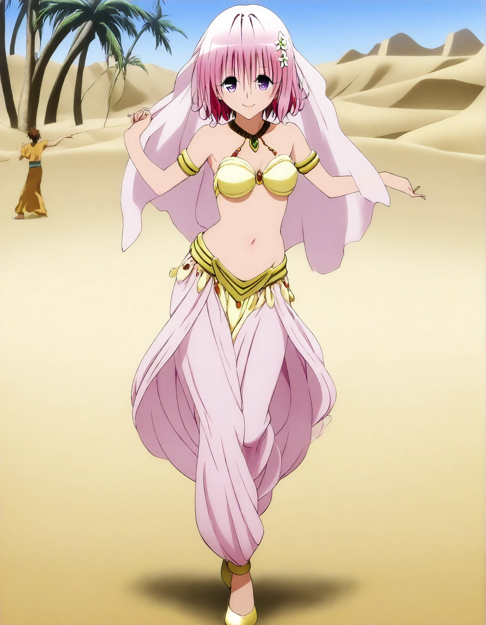 (1girl:1 . 5) , (Seul:1 . 5) , score_9 , score_8_haut , score_7_haut , source_anime , Official work  , ultra-detailed , masterpiece , best quality , high resolution , beaux yeux , detailed eyes , Detailed face , beautiful detailed eyeshair flower, hair ornament, purple eyes, pink hair, short hair,To Love Ru,Momo Satalin Deviluke,Arabian Clothes , Arabian Dancer ,belly dancer costume,belly dancer outfit ,full body,golden jewelery,armlet, belly dancing,desert lands,palm tree,seductive smile, dancing with veil, dynamic movement,dance posture, seductive pose