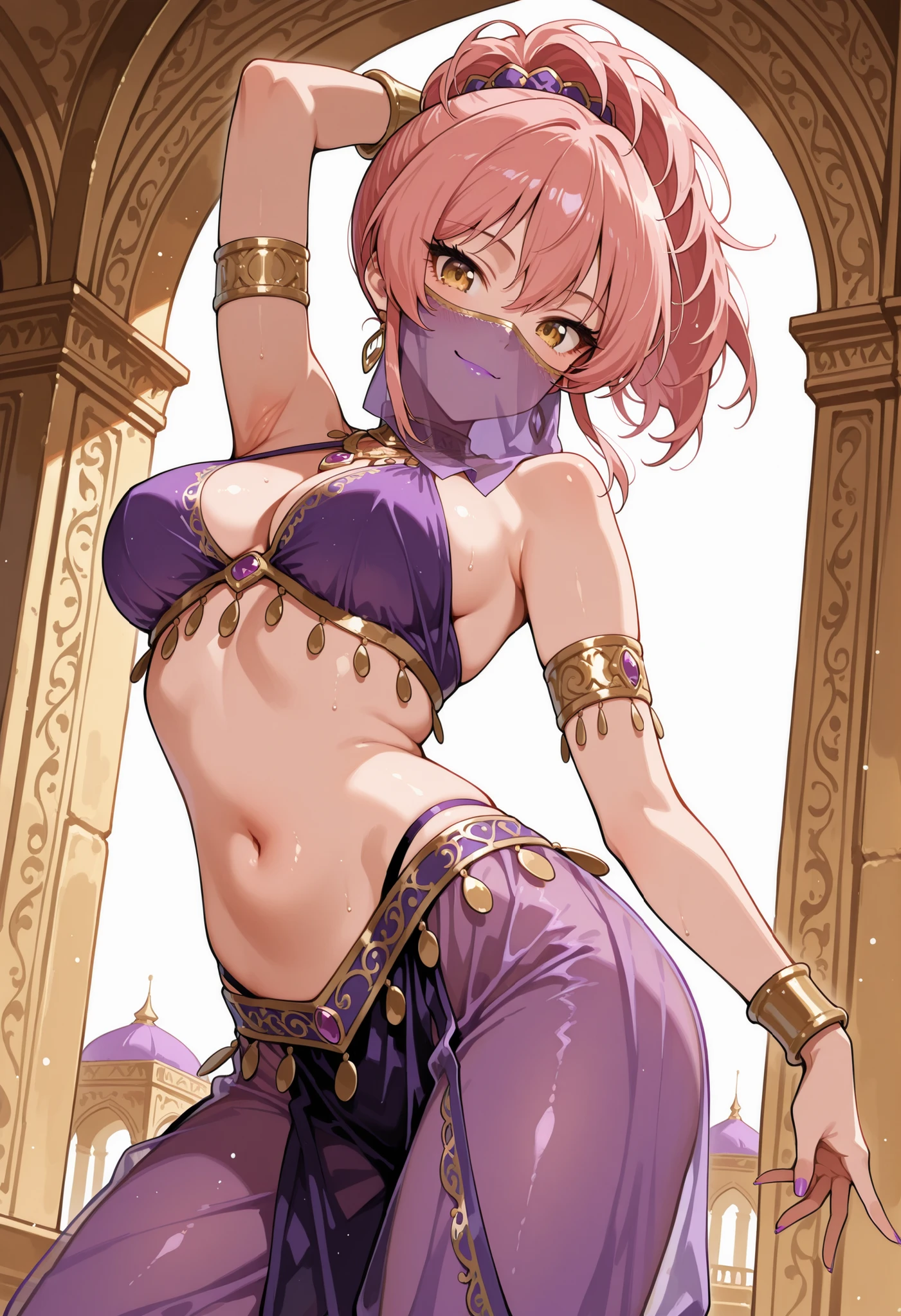 Score_9, score_8_up, score_7_up, source_anime, jougasaki mika, solo, ponytail, pink hair, yellow eyes, (best quality), (high quality), {masterpiece}, extremely delicate and beautiful, ultra-detailed, beautiful detailed eyes, purple arabian clothes, dancer, purple mouth veil, belly dancing, armlet, gold circlet, dancing, purple see-through harem pants, arabian palace, smile, closed mouth