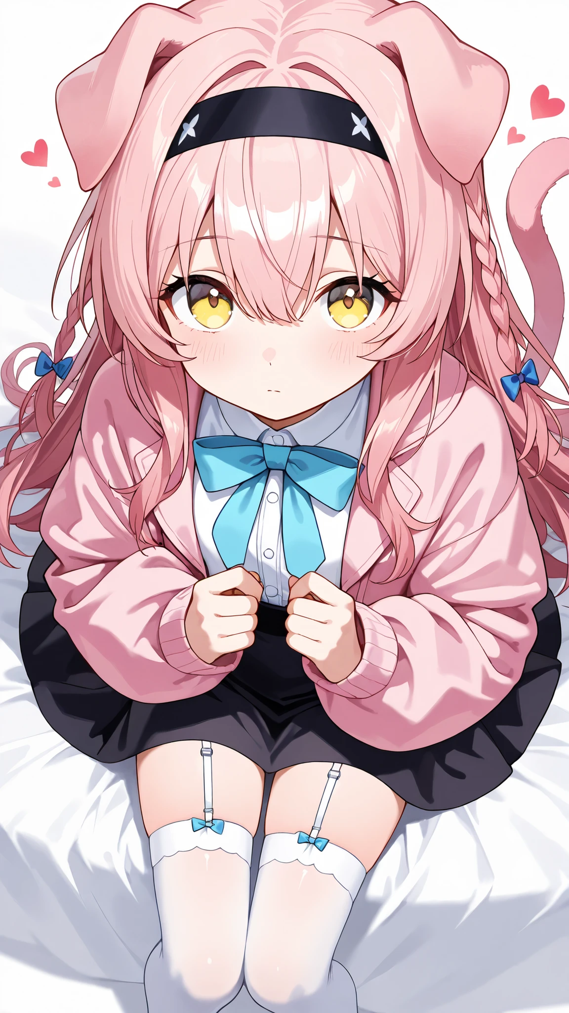 heart, from above, looking at viewer, cat ears, animal ears, yellow eyes, garter straps, thighhighs, long hair, white thighhighs, braid, black skirt, pink hair,hairband,tail,cat tail,long sleeves,pink coat,jacket,pink jacket,bow,blue bow,looking at viewer, black hairband, cat girl, bangs, shirt, floppy ears, , open jacket, hair between eyes, white shirt