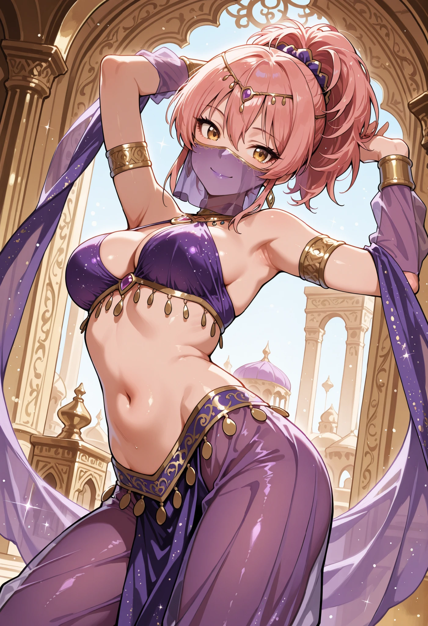 Score_9, score_8_up, score_7_up, source_anime, jougasaki mika, solo, ponytail, pink hair, yellow eyes, (best quality), (high quality), {masterpiece}, extremely delicate and beautiful, ultra-detailed, beautiful detailed eyes, purple arabian clothes, dancer, purple mouth veil, belly dancing, armlet, gold circlet, dancing, purple see-through harem pants, arabian palace, smile, closed mouth