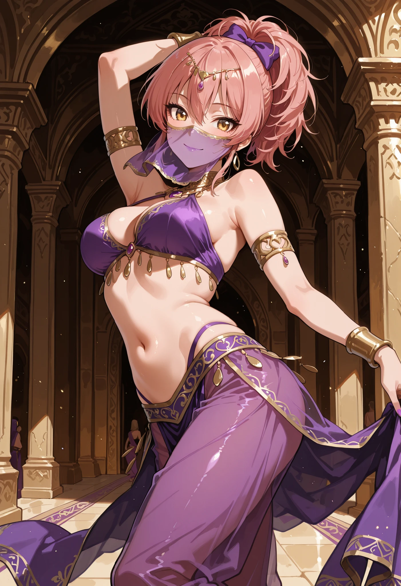 Score_9, score_8_up, score_7_up, source_anime, jougasaki mika, solo, ponytail, pink hair, yellow eyes, (best quality), (high quality), {masterpiece}, extremely delicate and beautiful, ultra-detailed, beautiful detailed eyes, purple arabian clothes, dancer, purple mouth veil, belly dancing, armlet, gold circlet, dancing, purple see-through harem pants, arabian palace, smile, closed mouth