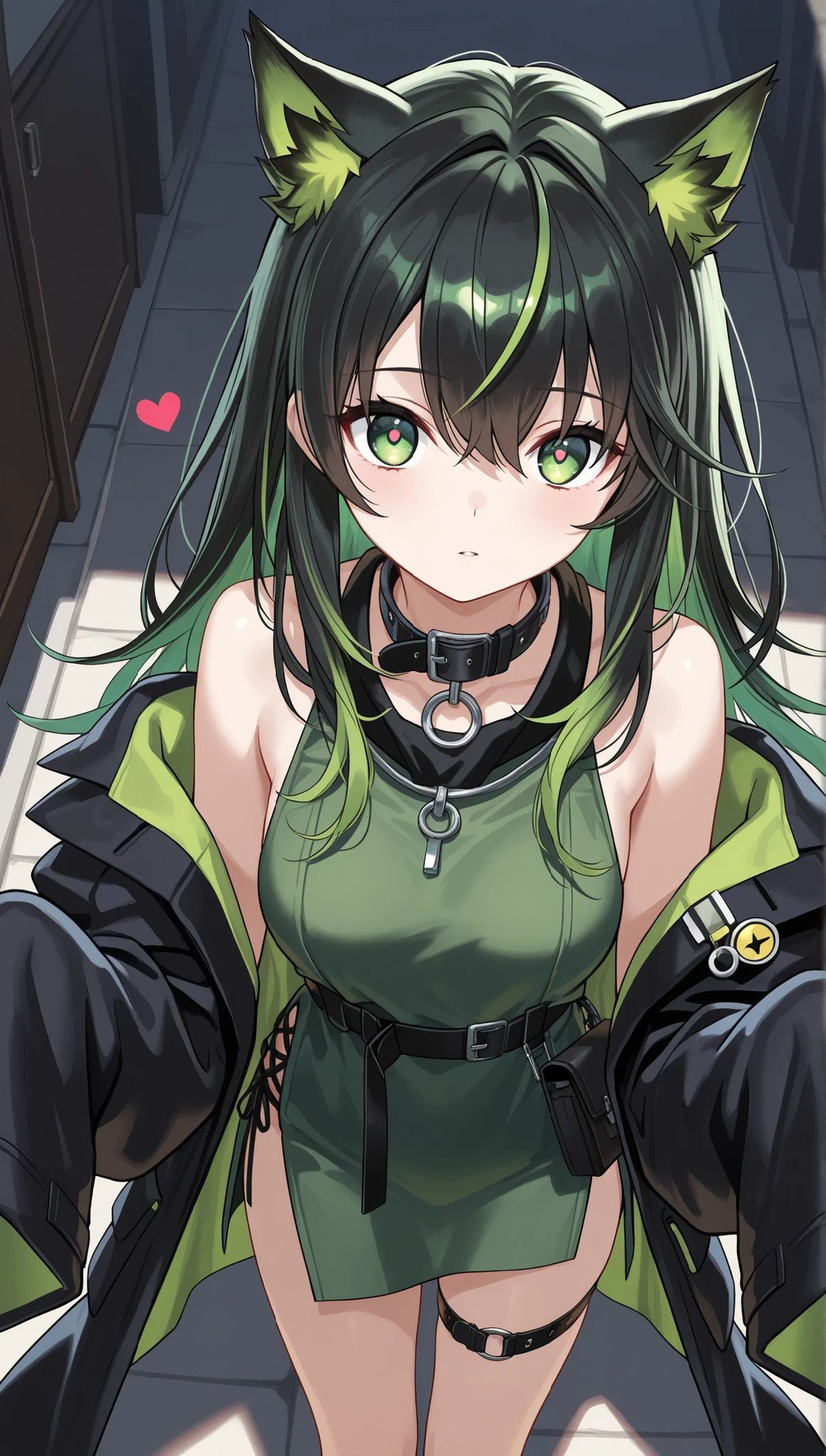 heart, from above, looking at viewer, animal ears, long hair, black hair, multicolored hair, green hair, sidelocks, hair between eyes, bangs, green eyes, collar,bare shoulders,off shoulder,black collar,black coat,open coat,green dress, sleeveless dress, side slit dress, long sleeves, sleeves past fingers, medium breasts, black tunic, thigh strap