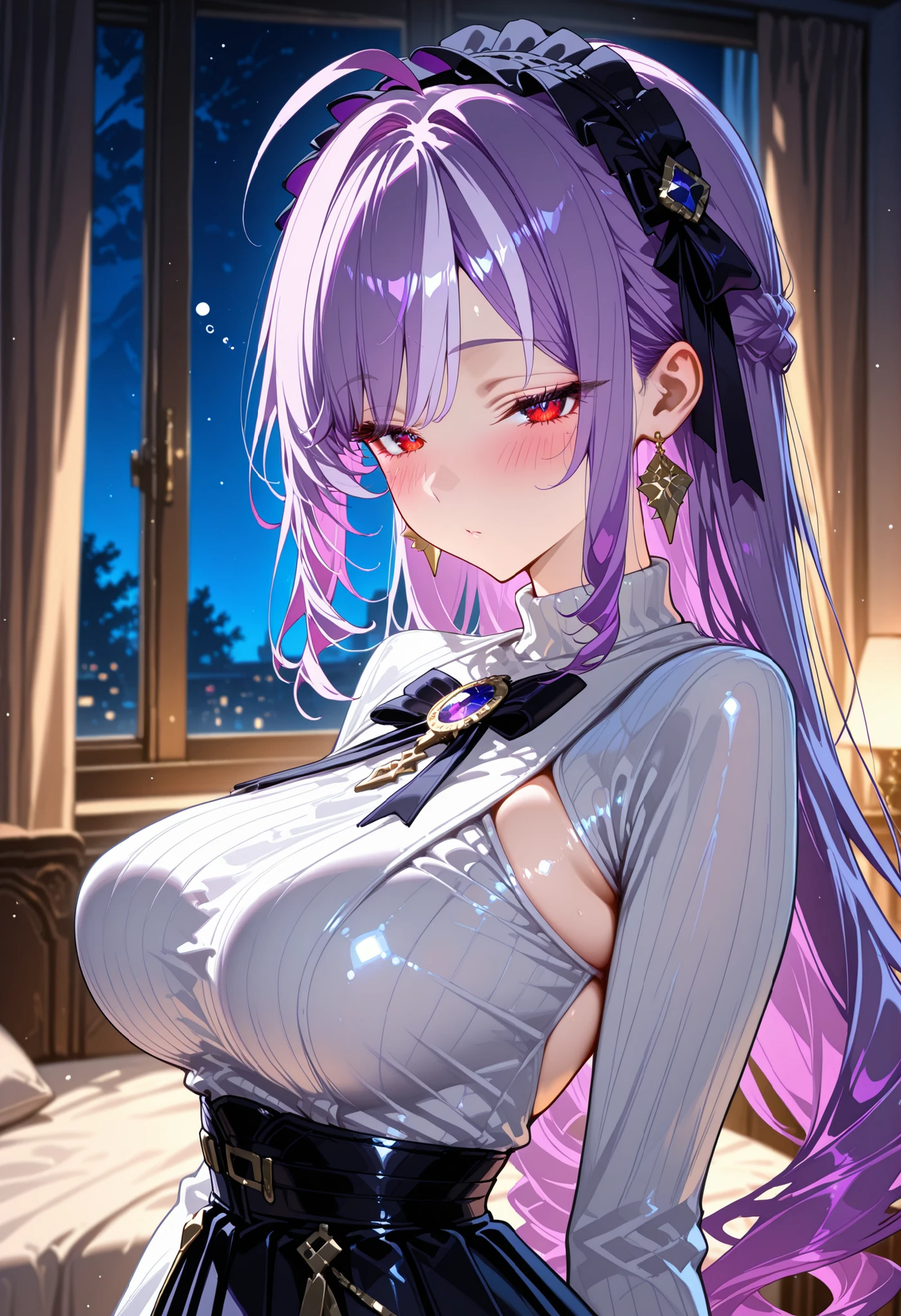 High quality, 1girl, sole female, vivianZzz, red eyes,ahoge,streaked hair,black hairband,frilled hairband, purple hair, hair bow, very long hair, big eyes, delicate facial features, natural skin texture, seductive, looking at viewer, elegant bedroom with tall windows at night, ribbed white sweater, black pleated skirt, gold loop earrings, high waist skirt, tucked shirt, covered breasts, seated with gentle turn of the upper body, arms relaxed, chest softly pushing against taut fabric, from somewhat side, big eyes, perky breasts, (tension breasts), face focus, blush, masterpiece, best quality, ultra quality, high detailed, sleepy