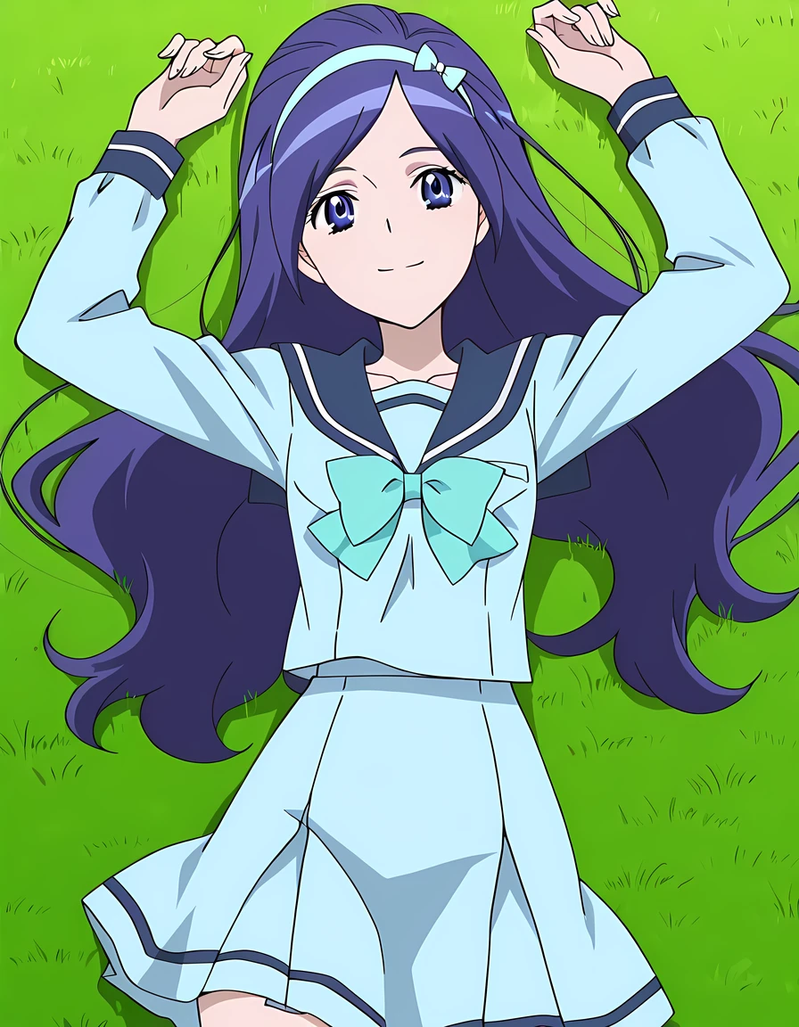 Miki, dark blue hair, long_hair, hairband, light blue band, blue_eyes, small_breasts, school uniform, blue shirt, serafuku, long sleeves, bowtie, anime screencap, high quality, solo, lying, on back, arms up, legs apart, closed mouth, on grass, overhead view, cowboy shot, looking at viewer, smile, best quality,