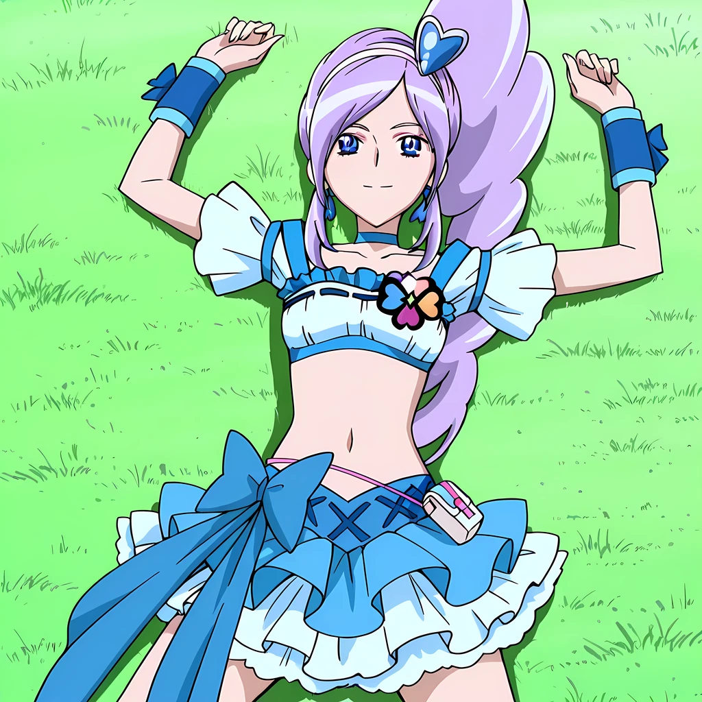 Cure Berry, light purple hair, blue_eyes, small_breasts, long ponytail, rolling ponytail, hair_ornament, blue precure costumes, navel, anime screencap, high quality, solo, lying, on back, arms up, legs apart, closed mouth, grass, overhead view, cowboy shot, looking at viewer, smile, best quality ,