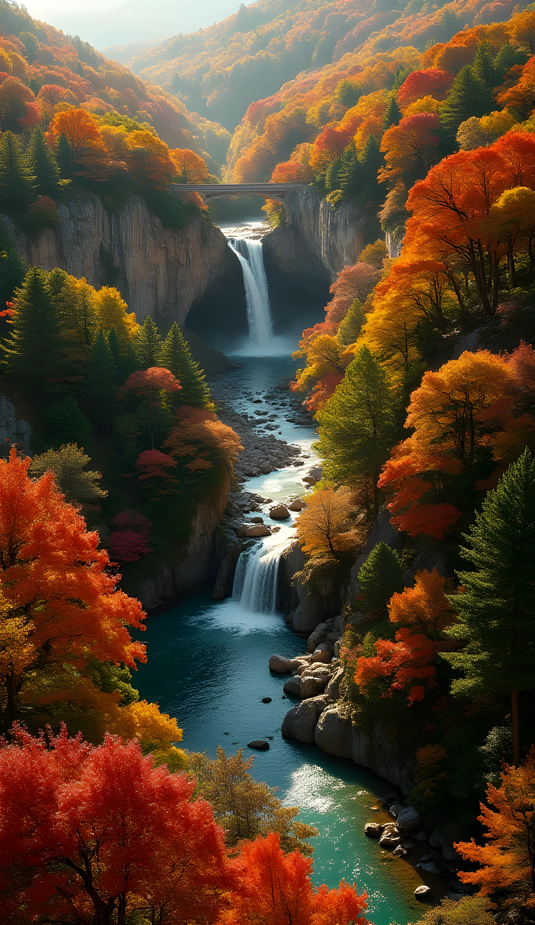 Photorealistic aerial view of breathtaking autumn forest landscape, vast expanse of trees displaying spectacular fall foliage with rich reds, vibrant oranges, and golden yellows creating natural tapestry, winding river cutting through dense woodland with crystal clear water reflecting surrounding colors, massive waterfall cascading dramatically over ancient rock formation creating misty spray and rainbow effect where sunlight intersects, perfect golden hour lighting casting long shadows and illuminating leaf canopy with warm glow, hyperdetailed rendering showing individual trees with varying species displaying different autumn color patterns, subtle environmental elements including rising mist from waterfall basin and gentle ripples across river surface, dramatic perspective from high drone position capturing both intimate details and grand scale of landscape, photographic quality with perfect atmospheric perspective showing depth through subtle haze in distance, ultra-high resolution capturing both macro textures of forest canopy and micro details of water dynamics