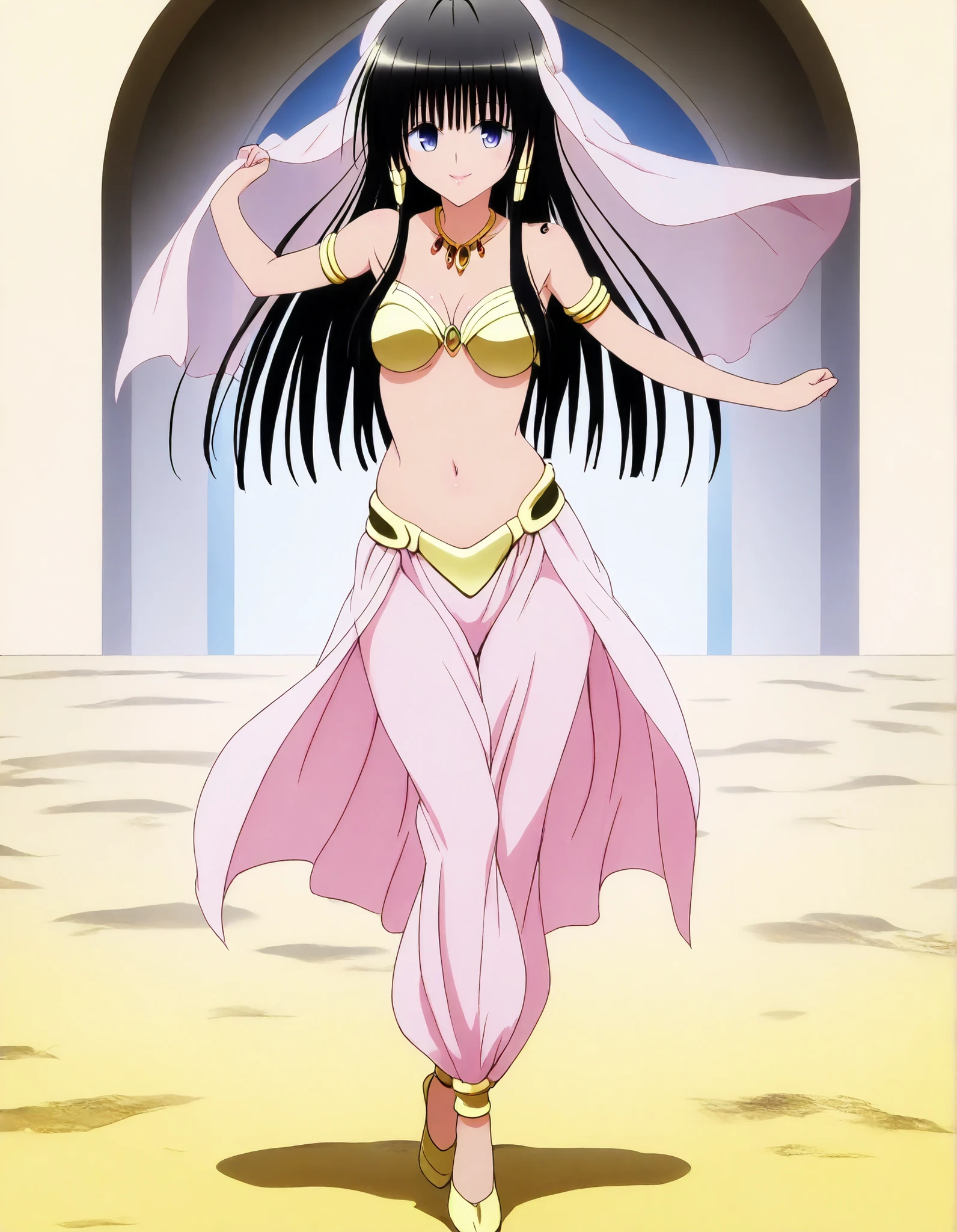 (1girl:1 . 5) , (Seul:1 . 5) , score_9 , score_8_haut , score_7_haut , source_anime , Official work  , ultra-detailed , masterpiece , best quality , high resolution , beaux yeux , detailed eyes , Detailed face , beautiful detailed eyes,long hair, blue eyes, black hair, sidelocks, hime cut, To Love Ru,Shizu Murasame ,Arabian Clothes , Arabian Dancer ,belly dancer costume,belly dancer outfit ,full body,golden jewelery,armlet, belly dancing,arabian theater,seductive smile, dancing with veil, dynamic movement,dance posture, seductive pose