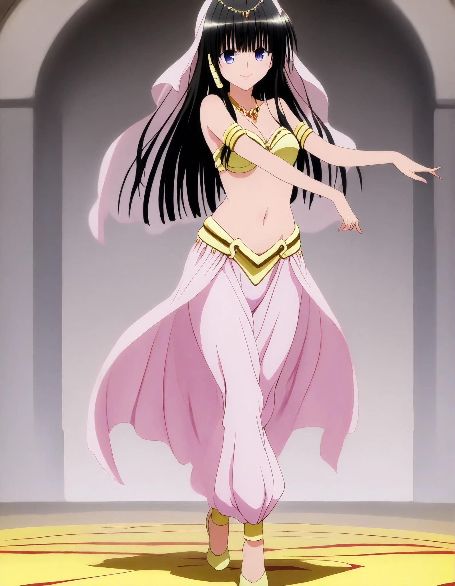 (1girl:1 . 5) , (Seul:1 . 5) , score_9 , score_8_haut , score_7_haut , source_anime , Official work  , ultra-detailed , masterpiece , best quality , high resolution , beaux yeux , detailed eyes , Detailed face , beautiful detailed eyes,long hair, blue eyes, black hair, sidelocks, hime cut, To Love Ru,Shizu Murasame ,Arabian Clothes , Arabian Dancer ,belly dancer costume,belly dancer outfit ,full body,golden jewelery,armlet, belly dancing,arabian theater,seductive smile, dancing with veil, dynamic movement,dance posture, seductive pose