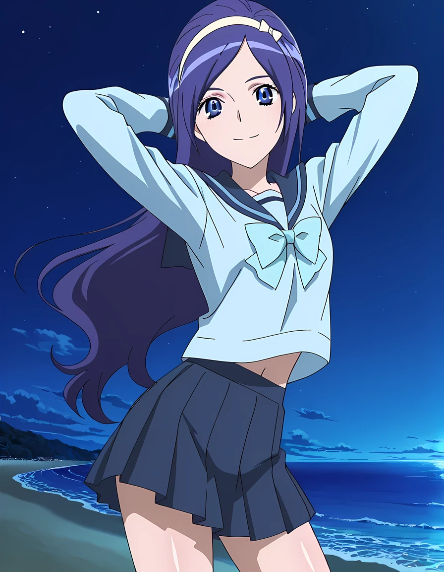 Miki, dark blue hair, long_hair, hairband, light blue band, blue_eyes, small_breasts, school uniform, blue shirt, serafuku, long sleeves, bowtie, anime screencap, high quality, solo, shiny skin, night sky, beach, arms behind head, (contrapposto), closed mouth, smile, cowboy shot, looking at viewer, best quality