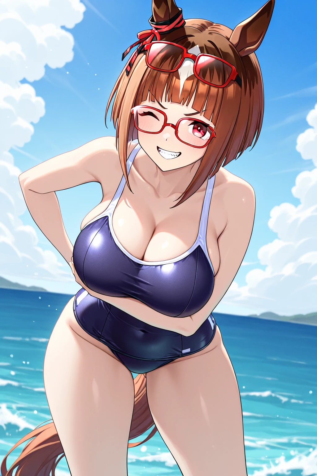 ((Table t○p, highest quality, Hi-Res Lucifer,Anime Screen Capture、Pixel Perfect, 8k、Browsing Caution)))、((Black baseball cap))、Perfect Anatomy、((((Big Breasts))))、(((Chubby、Wide Hips、Thick thighs)))、(((short hair、Long sideburns、Single Braid Ponytail、Brown Hair)))、Navy Blue Leotard、Glasses、Sweat,(Red Eyes)、 ((Embarrassing、smile、blush))、(Beach)、On 