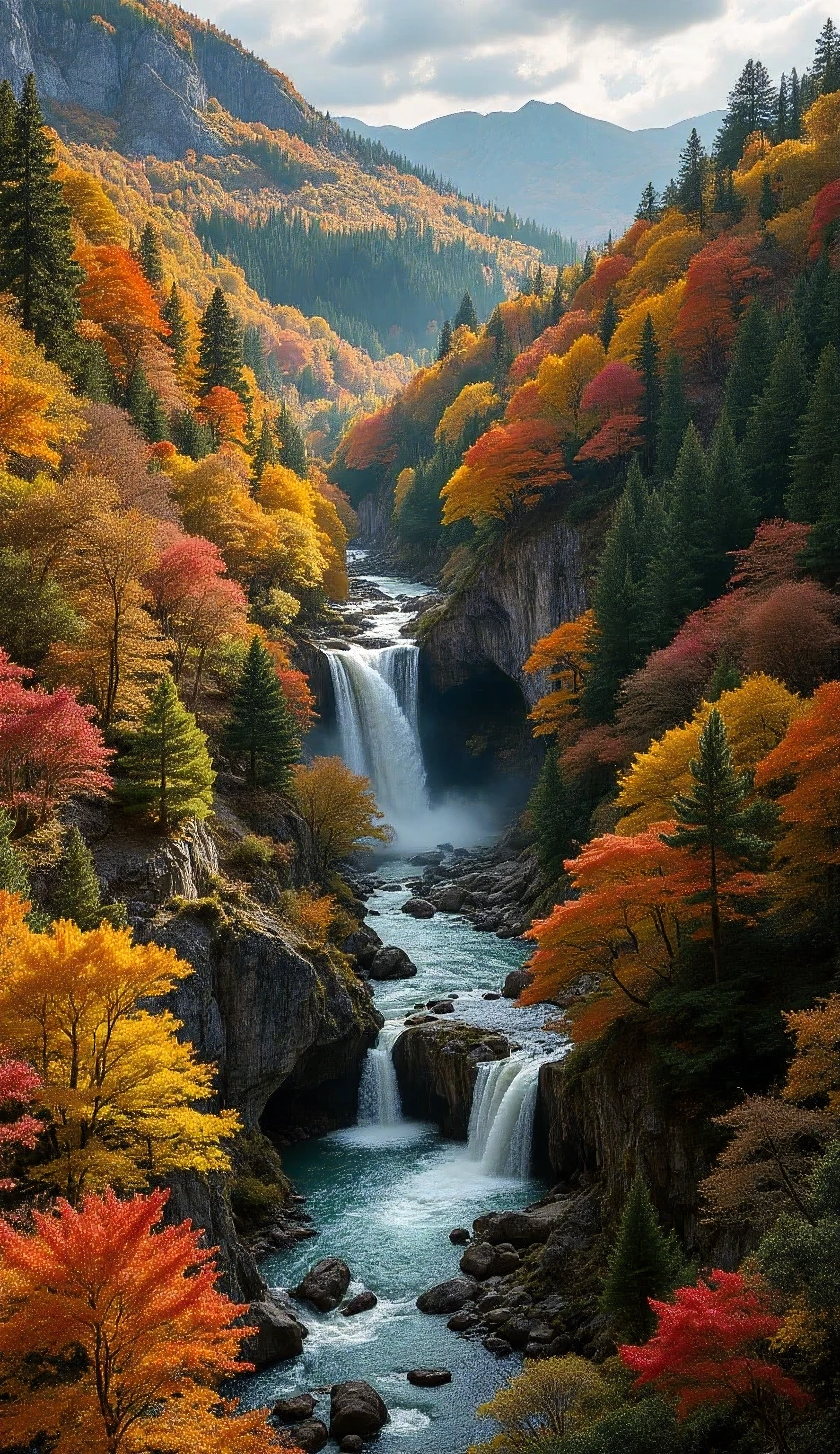 Hyperrealistic 8K aerial photograph of majestic autumn forest landscape, spectacular panoramic view of vast woodland displaying peak fall colors with perfect balance of crimson maples, golden aspens, and russet oaks creating natural color harmony, serpentine river with crystal clear water winding organically through forest floor reflecting surrounding foliage, impressive waterfall with multiple cascading tiers thundering down ancient rock formation creating dramatic white water and rising mist, perfect morning light with sun positioned to illuminate water spray creating natural rainbow effect, photorealistic rendering with ultra-fine detail showing individual trees with varying autumn colors and natural patterns of leaf change, environmental storytelling with subtle wildlife visible in clearings and natural debris patterns in river, dramatic drone perspective capturing both intimate details and breathtaking scale of pristine wilderness, perfect atmospheric conditions with subtle morning mist rising from valley floor creating depth and dimension