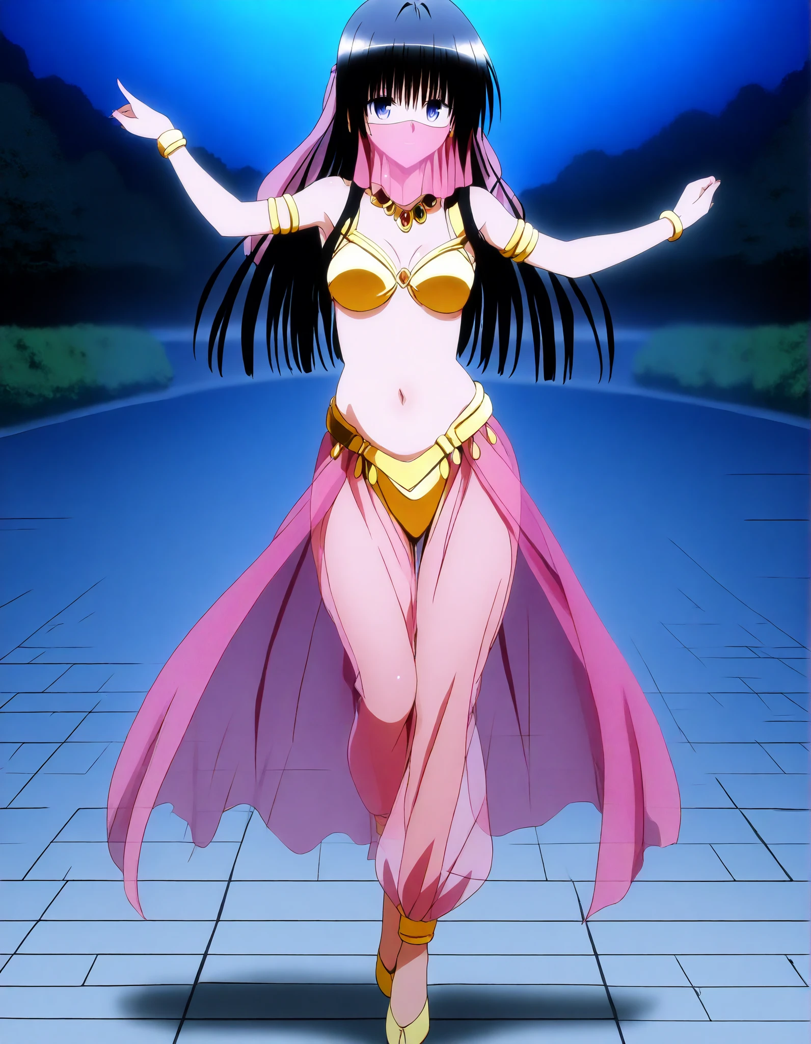 (1girl:1 . 5) , (Seul:1 . 5) , score_9 , score_8_haut , score_7_haut , source_anime , Official work  , ultra-detailed , masterpiece , best quality , high resolution , beaux yeux , detailed eyes , Detailed face , beautiful detailed eyes,long hair, blue eyes, black hair, sidelocks, hime cut, To Love Ru,Shizu Murasame ,Arabian Clothes , Arabian Dancer ,belly dancer costume,belly dancer outfit ,full body,golden jewelery,mouth veil,armlet, belly dancing,night,arabian garden,seductive smile, dancing with veil, dynamic movement,dance posture, seductive pose