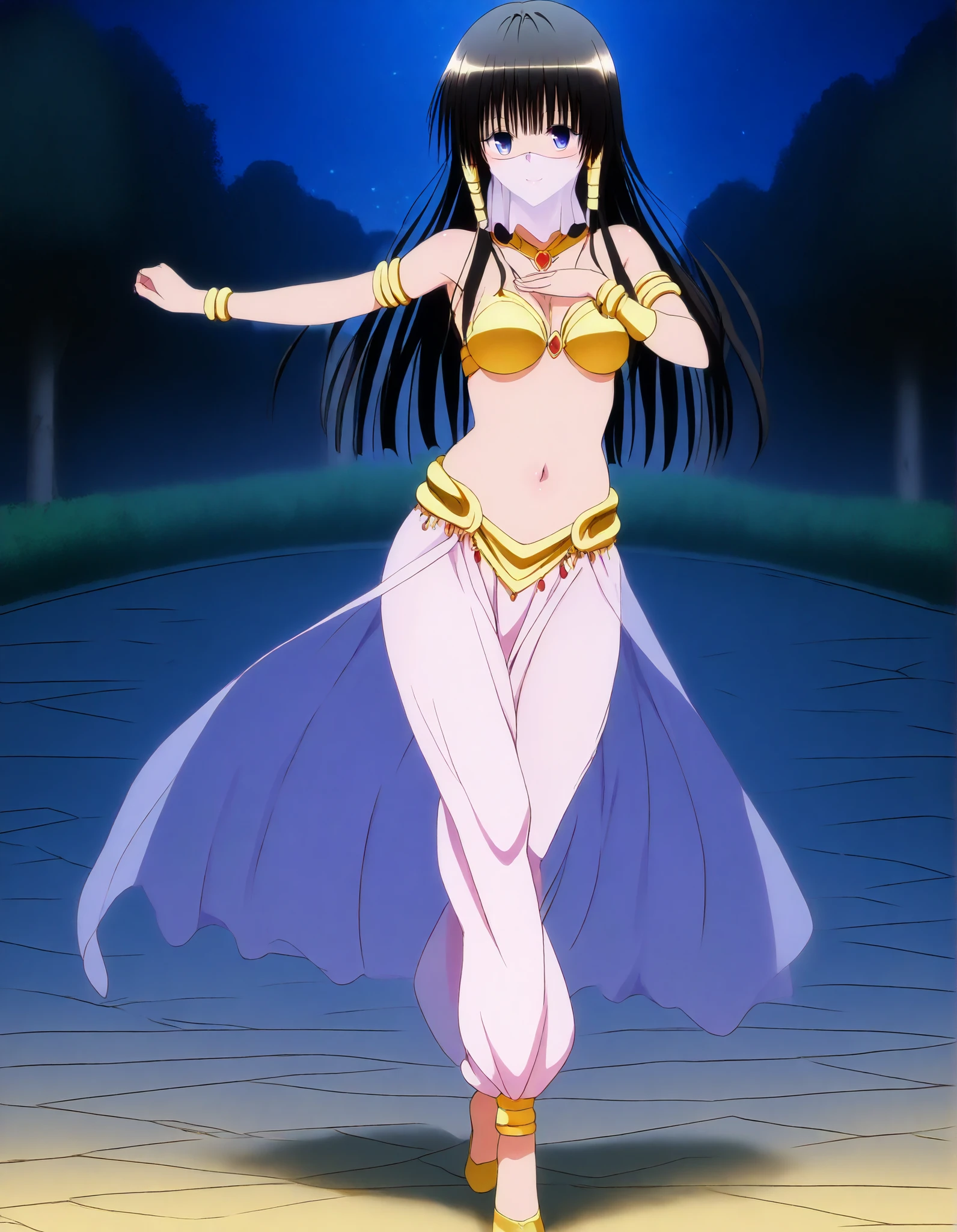 (1girl:1 . 5) , (Seul:1 . 5) , score_9 , score_8_haut , score_7_haut , source_anime , Official work  , ultra-detailed , masterpiece , best quality , high resolution , beaux yeux , detailed eyes , Detailed face , beautiful detailed eyes,long hair, blue eyes, black hair, sidelocks, hime cut, To Love Ru,Shizu Murasame ,Arabian Clothes , Arabian Dancer ,belly dancer costume,belly dancer outfit ,full body,golden jewelery,mouth veil,armlet, belly dancing,night,arabian garden,seductive smile, dancing with veil, dynamic movement,dance posture, seductive pose