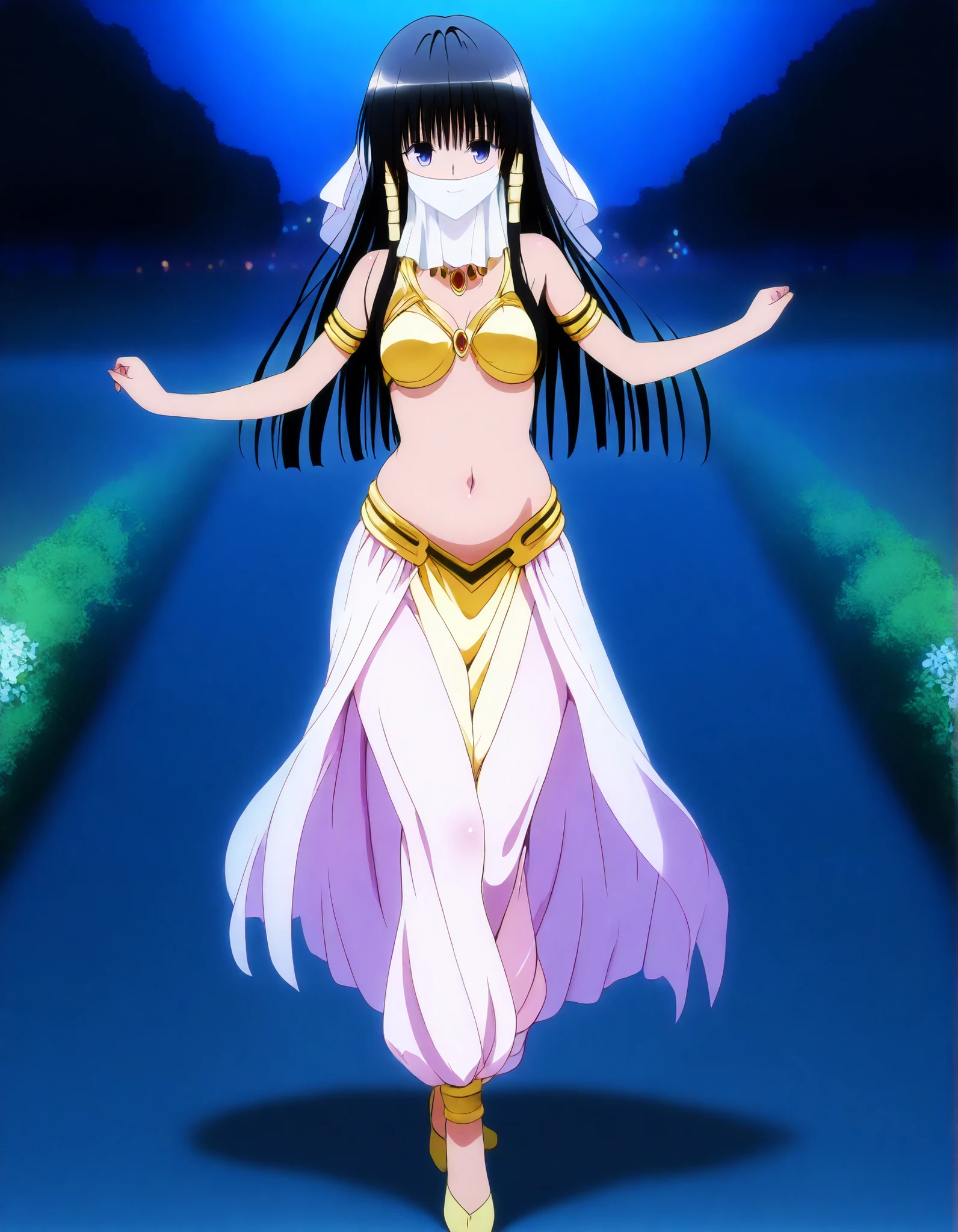 (1girl:1 . 5) , (Seul:1 . 5) , score_9 , score_8_haut , score_7_haut , source_anime , Official work  , ultra-detailed , masterpiece , best quality , high resolution , beaux yeux , detailed eyes , Detailed face , beautiful detailed eyes,long hair, blue eyes, black hair, sidelocks, hime cut, To Love Ru,Shizu Murasame ,Arabian Clothes , Arabian Dancer ,belly dancer costume,belly dancer outfit ,full body,golden jewelery,mouth veil,armlet, belly dancing,night,arabian garden,seductive smile, dancing with veil, dynamic movement,dance posture, seductive pose