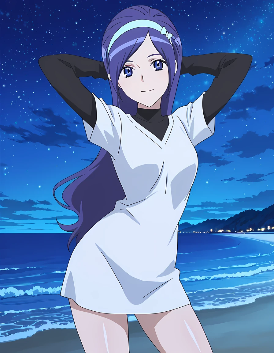 Miki, dark blue hair, long_hair, hairband, light blue band, blue_eyes, smal_breasts, black shirt, turtleneck, long sleeves, white t-shirt, short sleeves, t-shirt dress, anime screencap, high quality, solo, shiny skin, night sky, beach, arms behind head, (contrapposto), closed mouth, smile, cowboy shot, looking at viewer, best quality