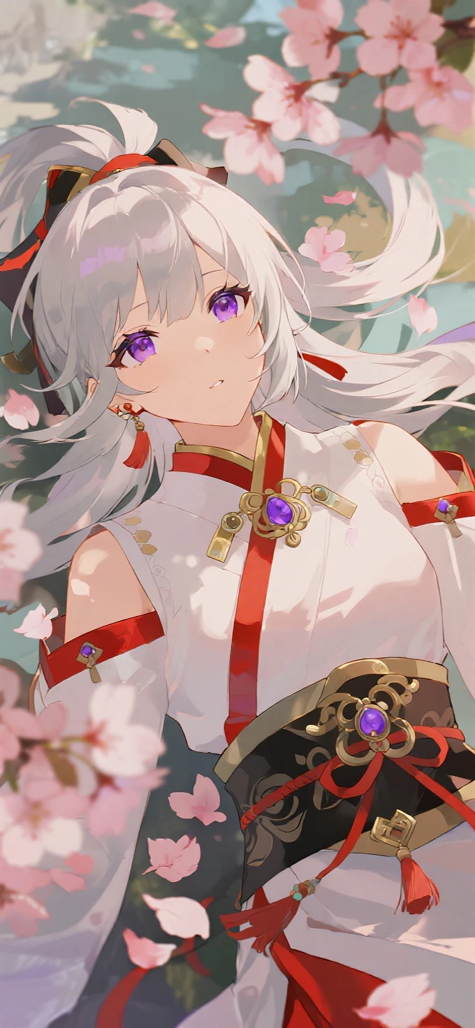 realistic, 1girl, white hair, purple eyes, glowing eyes, crop top, skirt, parted lips, blush, night, flowers, sun, sunlight,