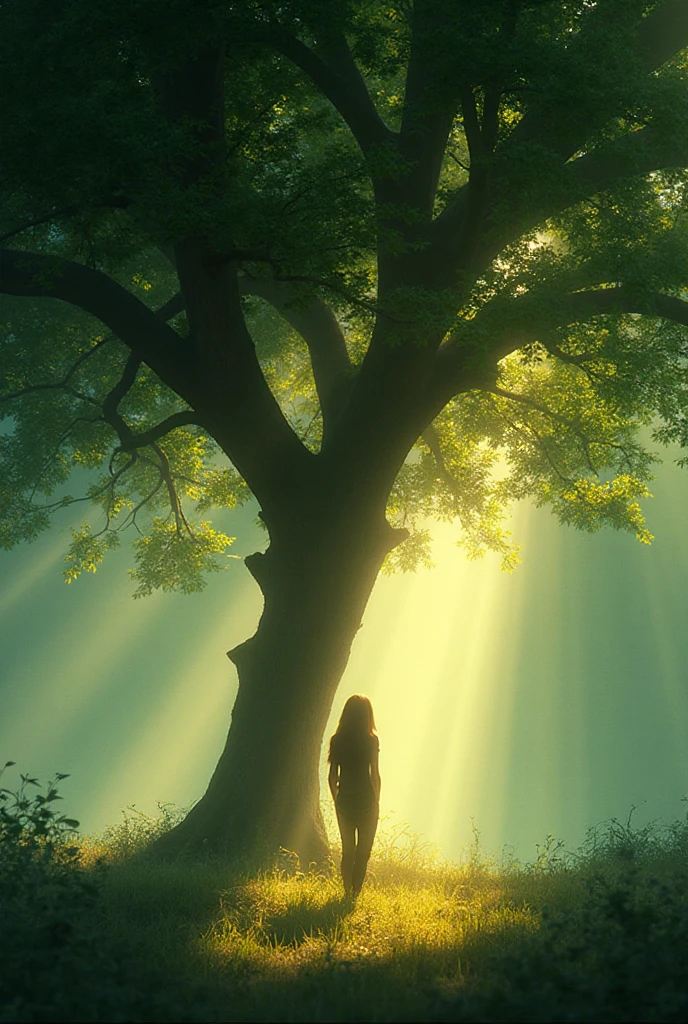 Meditation scene in nature: A person sitting in the lotus position in the middle of a forest clearing, with rays of sun filtering through the trees. Soft, dispersed light for a feeling of peace.