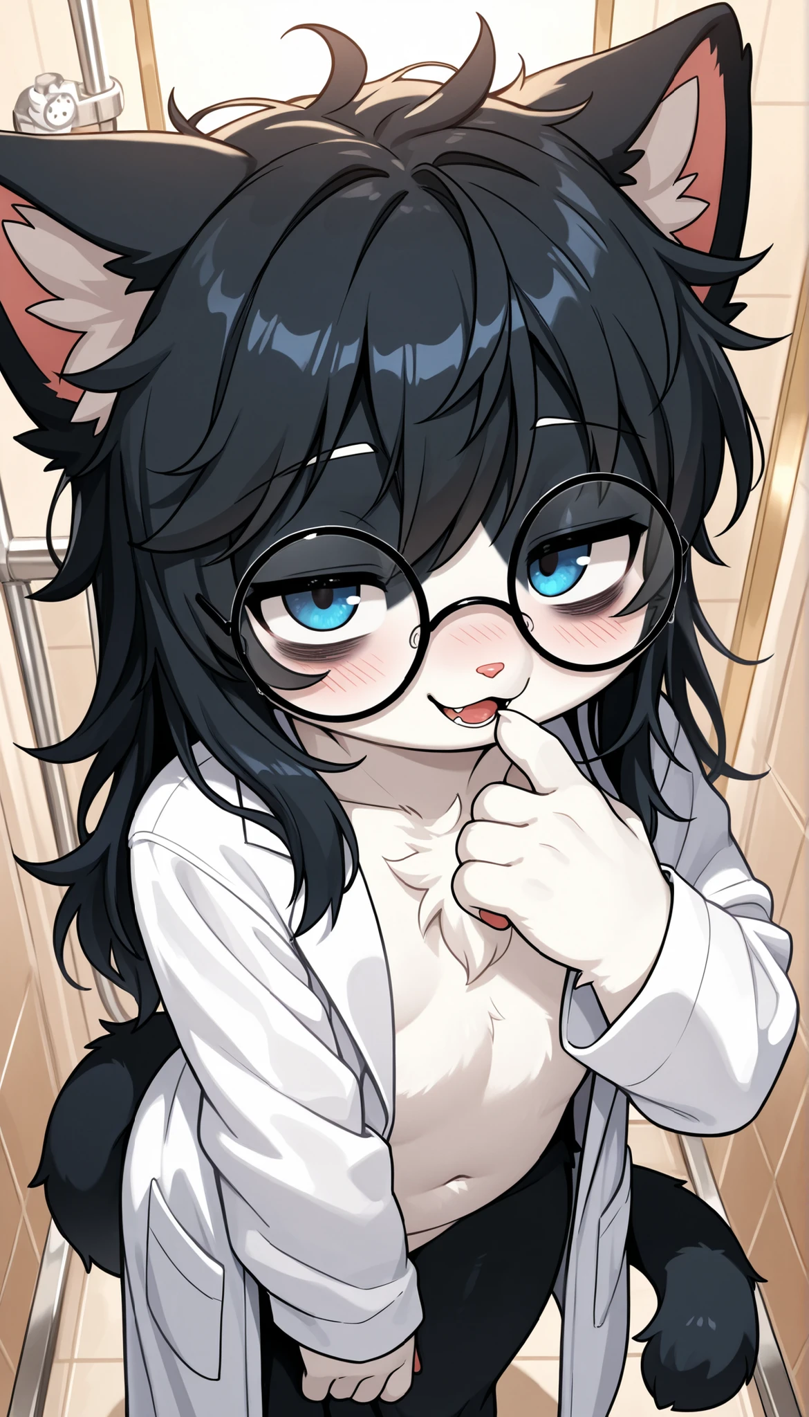 score_9,score_8_up,score_7_up, (a young nerdy Anthro furry wolf woman, wolf snout, white furry body, tall, awkward, long black messy hair, hair covering one eye, Blue eyes, black glasses, thick thighs, small ), , , she is straddling human male, facelesss human male, human male is cropped out, she is wearing only black thigh high socks