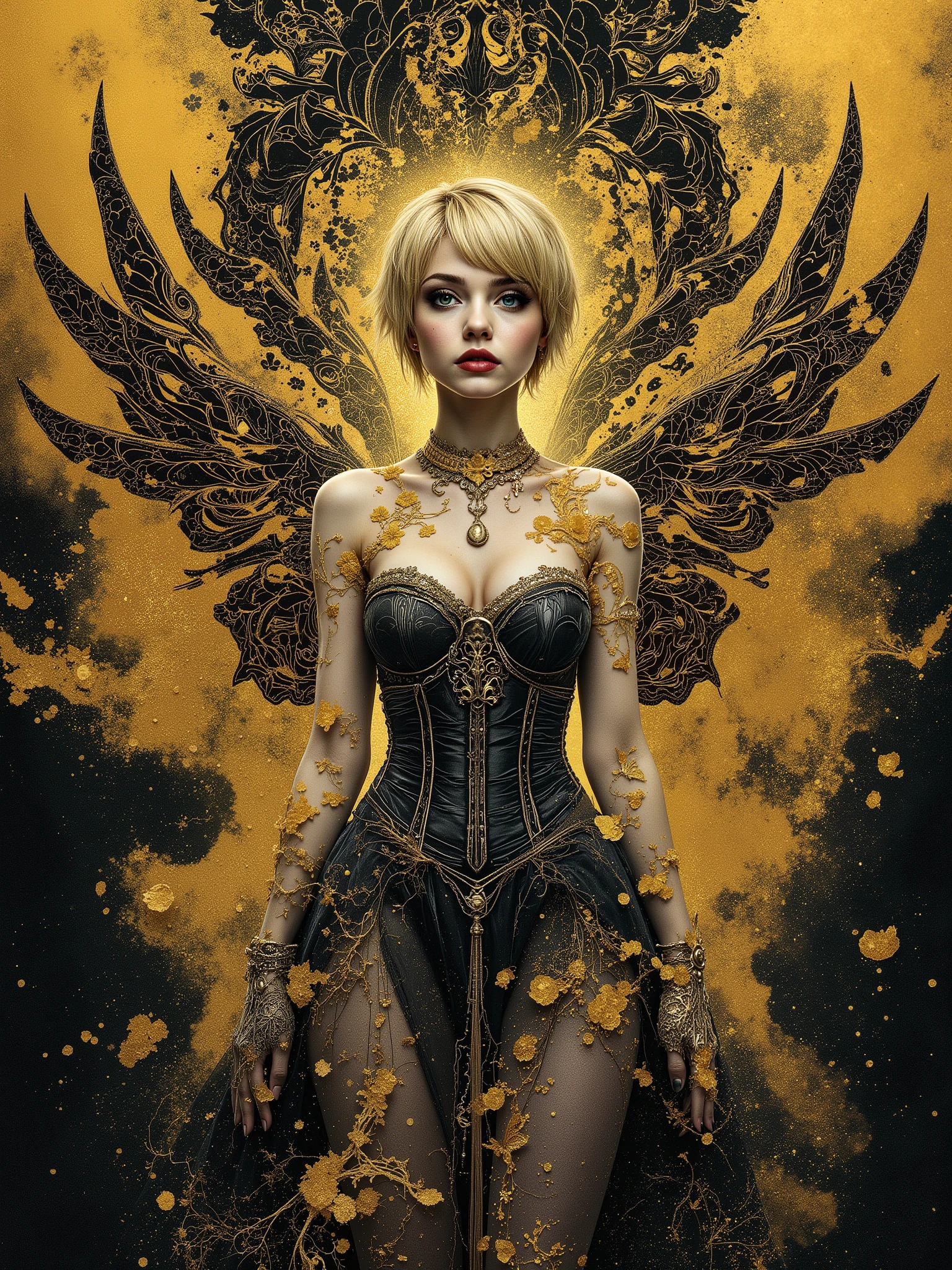 masterpiece, very aesthetic, best quality, newest, cinematic surreal shot, absurdres, high res, very stylized with gold filigree
BREAK
Regal full figured 22 year old, crown of gothic moths, very expressive face denoting satisfaction, anatomically correct body, perfect hands, watercolor, 1girl, short but amazing magical girl, blonde pixie cut hair, pretty face full of experience yet innocent, beauty and grace, radiant eyes, bold nose, petite majestic angel, gold and black theme, gothic strapless corset dress, dmai