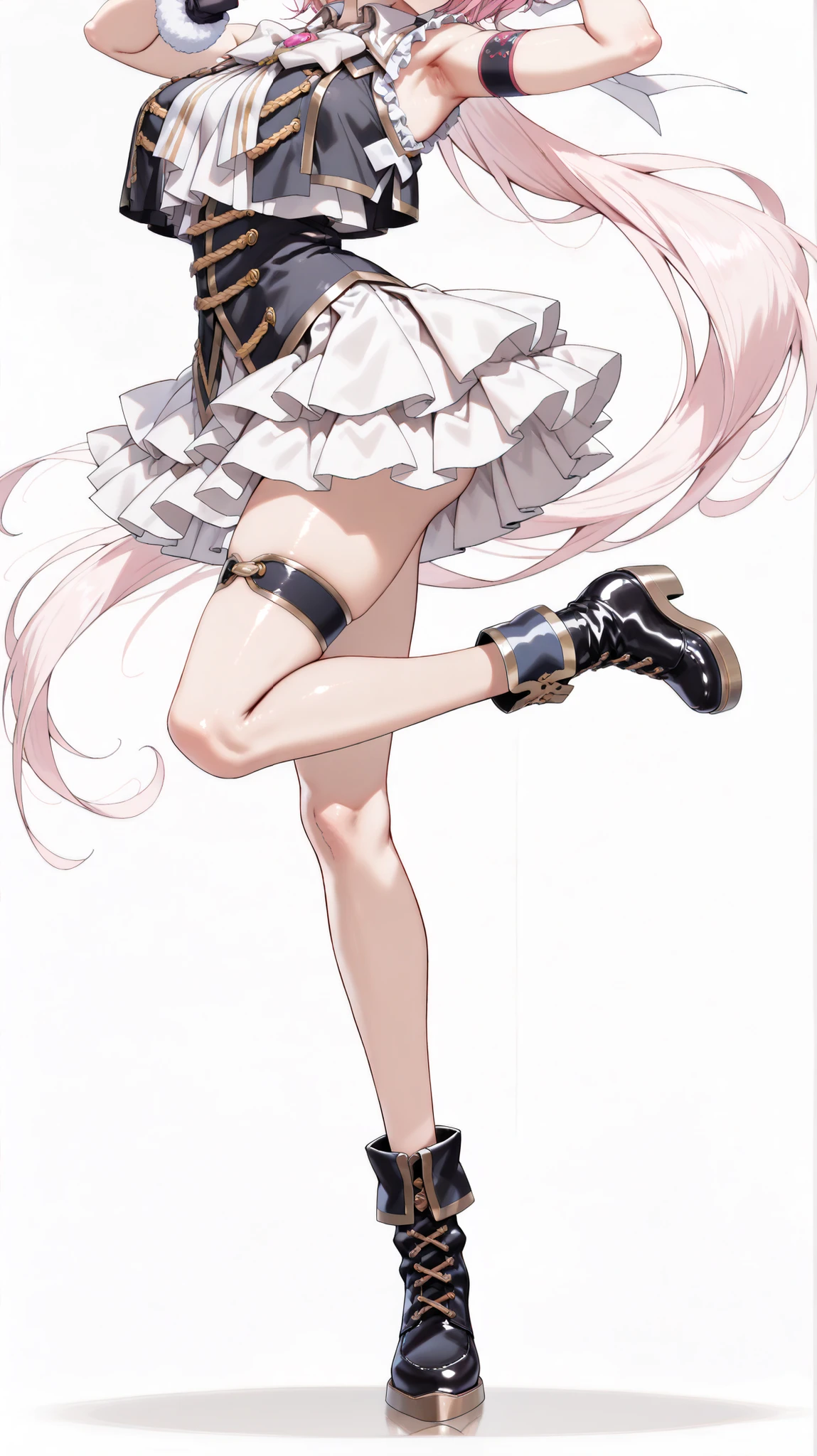 nijiyuikacos,white shirt,frilled shirt,shirt overhang,sleeveless,black vest,crop top vest,open vest,aiguillette,gold trim,((large white bow tie)),((long white bow tie)), pink brooch,single armband,black armband,white skirt,layered skirt,black thigh strap,fur-trimmed gloves,,nijiyuikacos,white shirt,shirt overhang,sleeveless,black vest,crop top vest,open vest,aiguillette,gold trim,white bow,pink brooch,single armband,black armband, masterpiece, best quality, highres, anatomically correct,((white background)), ((large breasts)),armpits,Naked Lower Body, ((large hip line)),