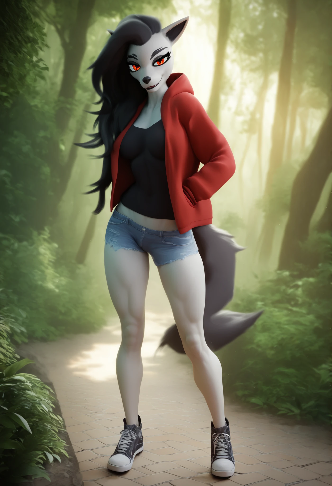 [(Score_9, score_8_up, score_7_up, score_6_up, score_5_up, score_4_up)], [(best quality, masterpiece, high res, 32k), (morning, softlight, forest)]. [((Mightyena, anthropomorphic)), (casual clothing: black shirt, open red hoodie, jean shorts, sneakers), (( hourglass figure)), (Beautiful Woman, vibrant eyes), (Slim figure,  face, beautiful face, beautiful eyes, beautiful legs, beautiful hands, realistic skins)].
