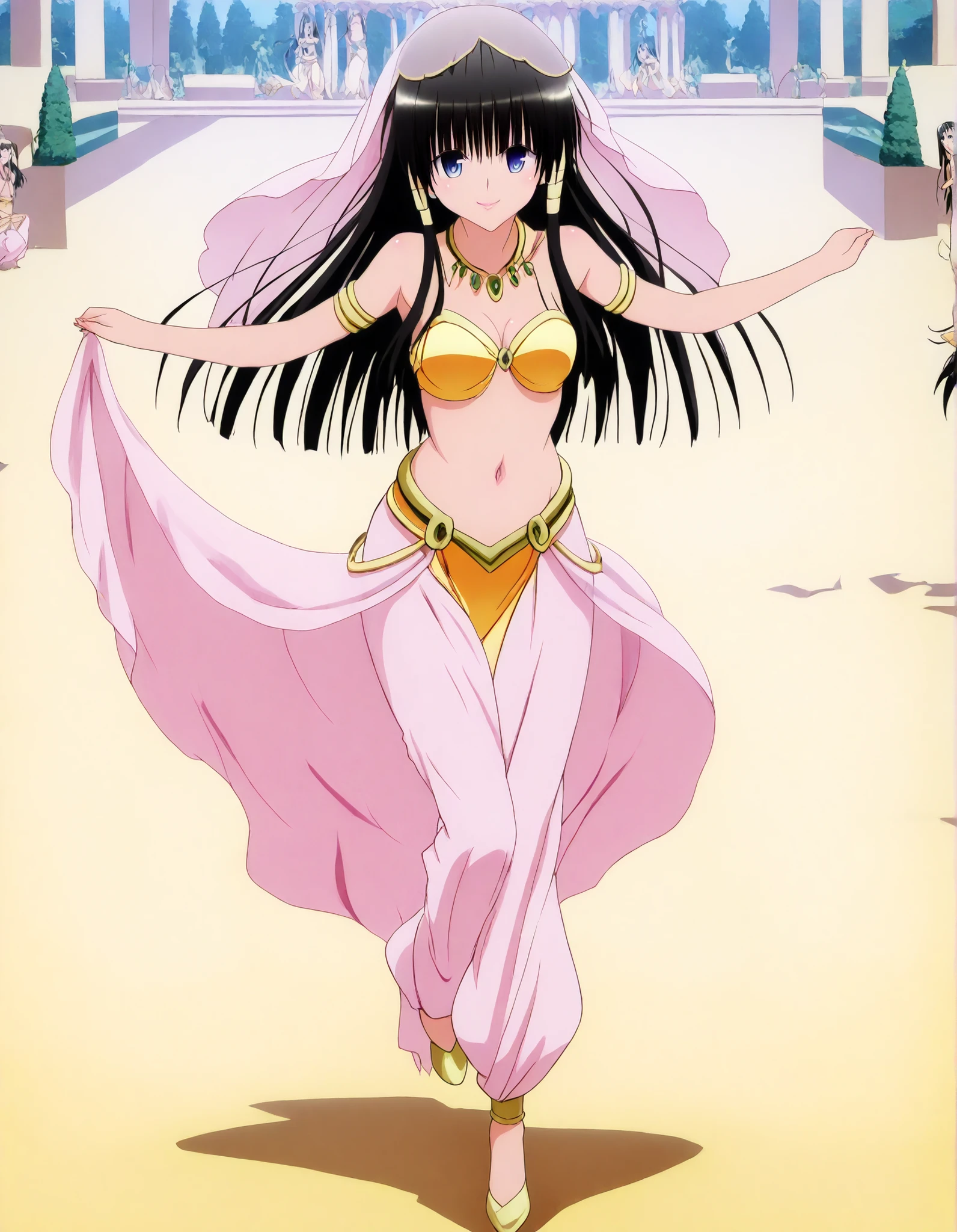 (1girl:1 . 5) , (Seul:1 . 5) , score_9 , score_8_haut , score_7_haut , source_anime , Official work  , ultra-detailed , masterpiece , best quality , high resolution , beaux yeux , detailed eyes , Detailed face , beautiful detailed eyes,long hair, blue eyes, black hair, sidelocks, hime cut, To Love Ru,Shizu Murasame ,Arabian Clothes , Arabian Dancer ,belly dancer costume,belly dancer outfit ,full body,golden jewelery,armlet, belly dancing,arabian garden,seductive smile, dancing with veil, dynamic movement,dance posture, seductive pose