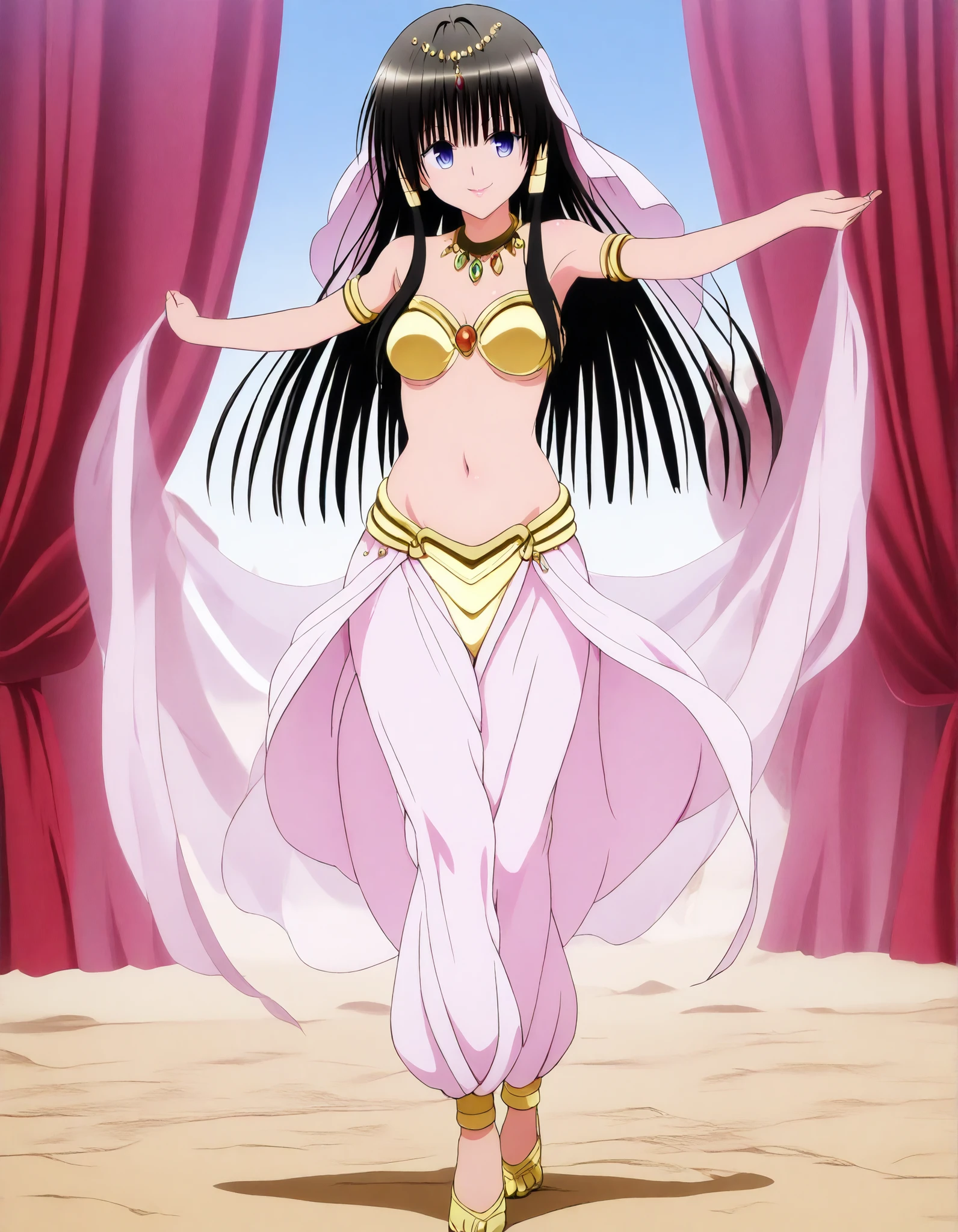 (1girl:1 . 5) , (Seul:1 . 5) , score_9 , score_8_haut , score_7_haut , source_anime , Official work  , ultra-detailed , masterpiece , best quality , high resolution , beaux yeux , detailed eyes , Detailed face , beautiful detailed eyes,long hair, blue eyes, black hair, sidelocks, hime cut, To Love Ru,Shizu Murasame ,Arabian Clothes , Arabian Dancer ,belly dancer costume,belly dancer outfit ,full body,golden jewelery,armlet, belly dancing,arabian garden,seductive smile, dancing with veil, dynamic movement,dance posture, seductive pose